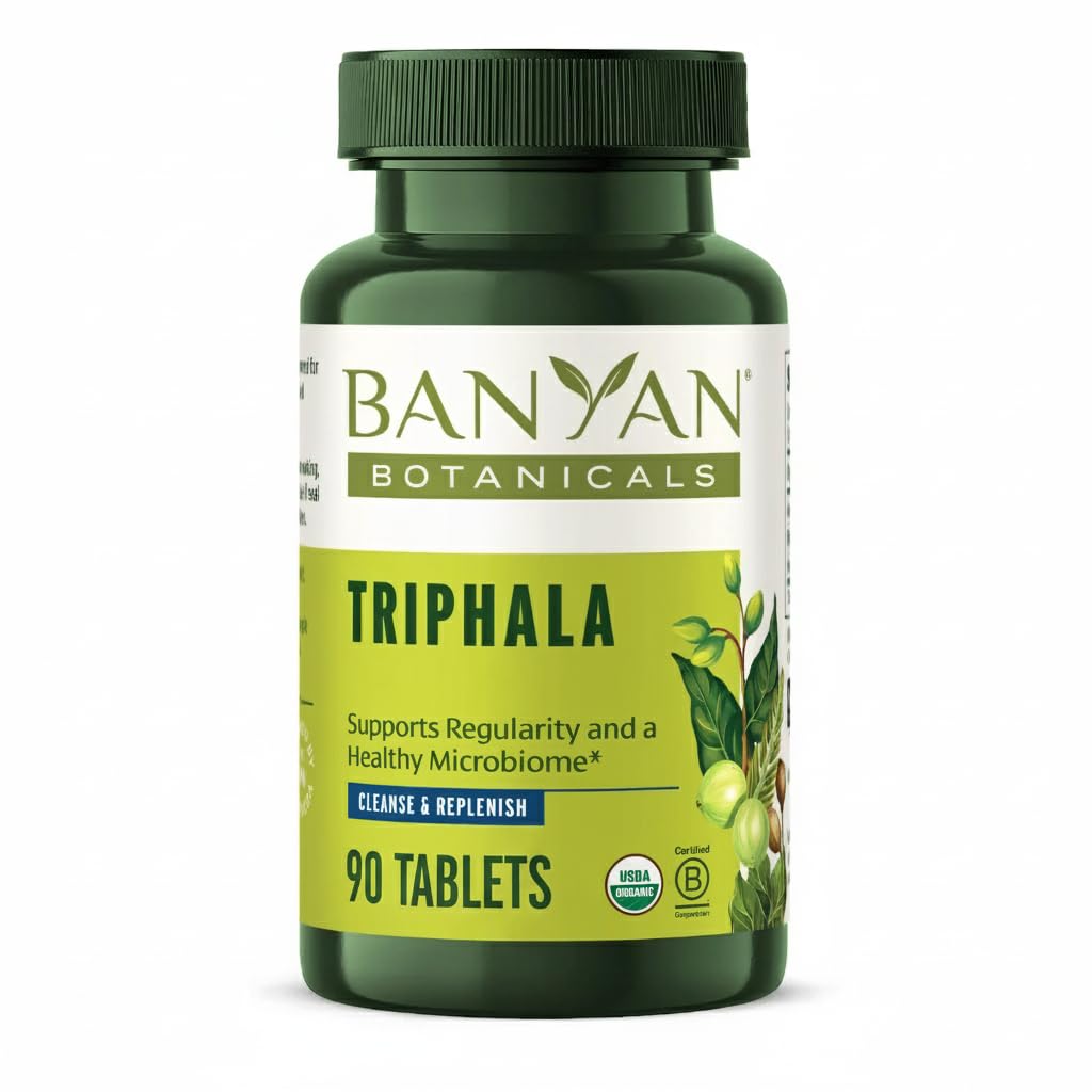 Banyan Botanicals Triphala: envase con tabletas para apoyo digestivo diario