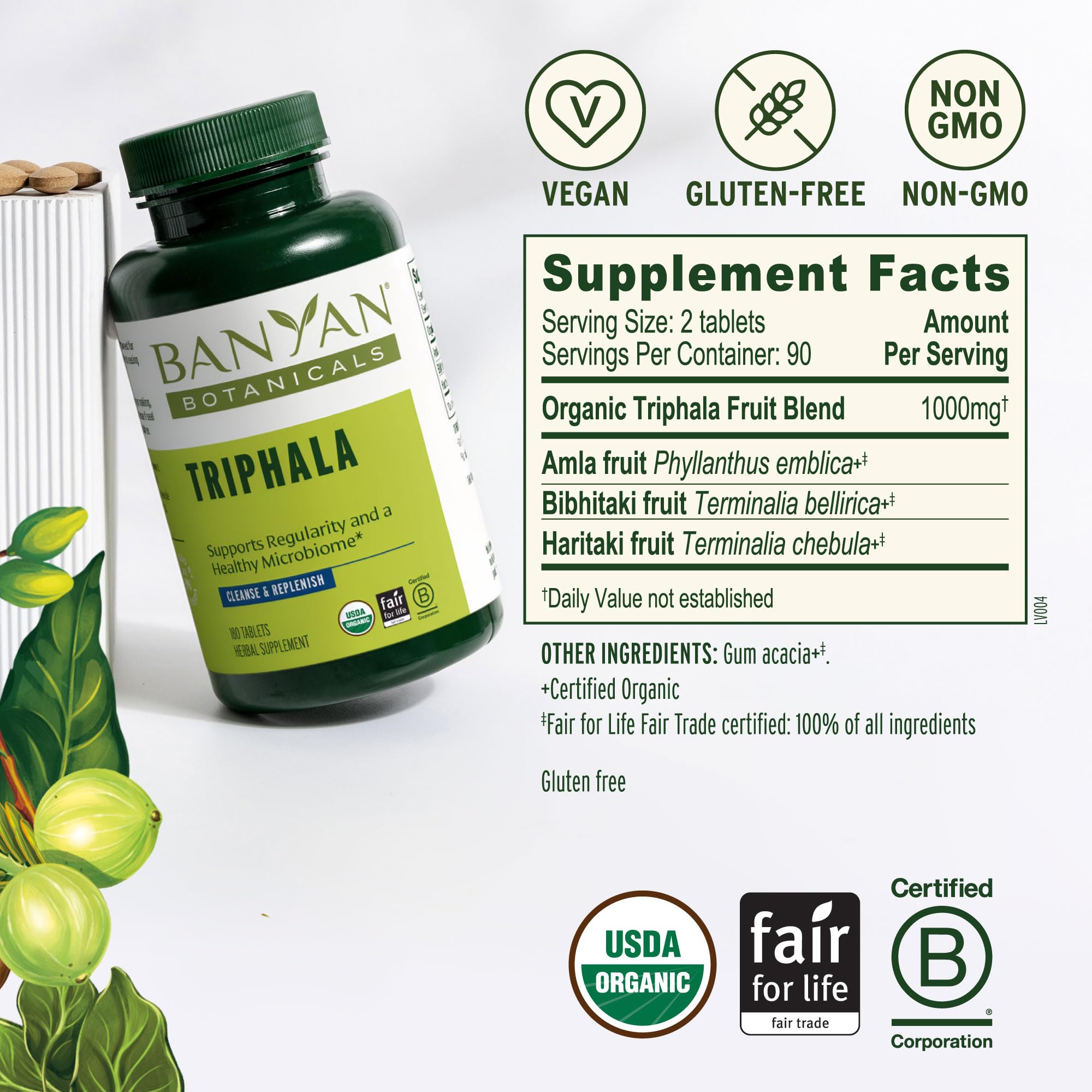 Tabletas Triphala visibles en estuche, facilita la toma diaria.