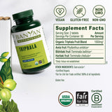 Tabletas Triphala visibles en estuche, facilita la toma diaria.
