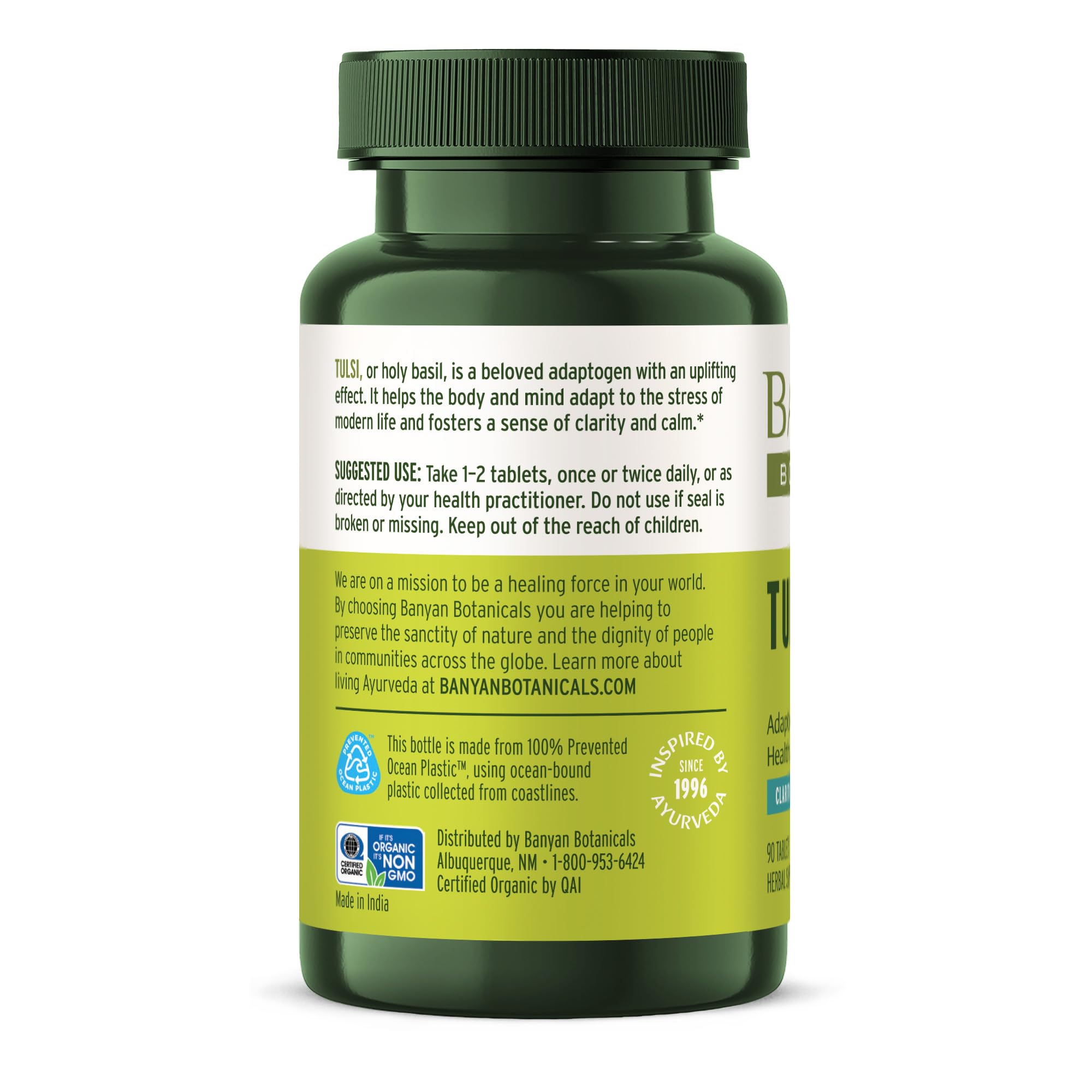 Diseño de empaque de Tulsi Banyan Botanicals, pureza y claridad en cada compra.