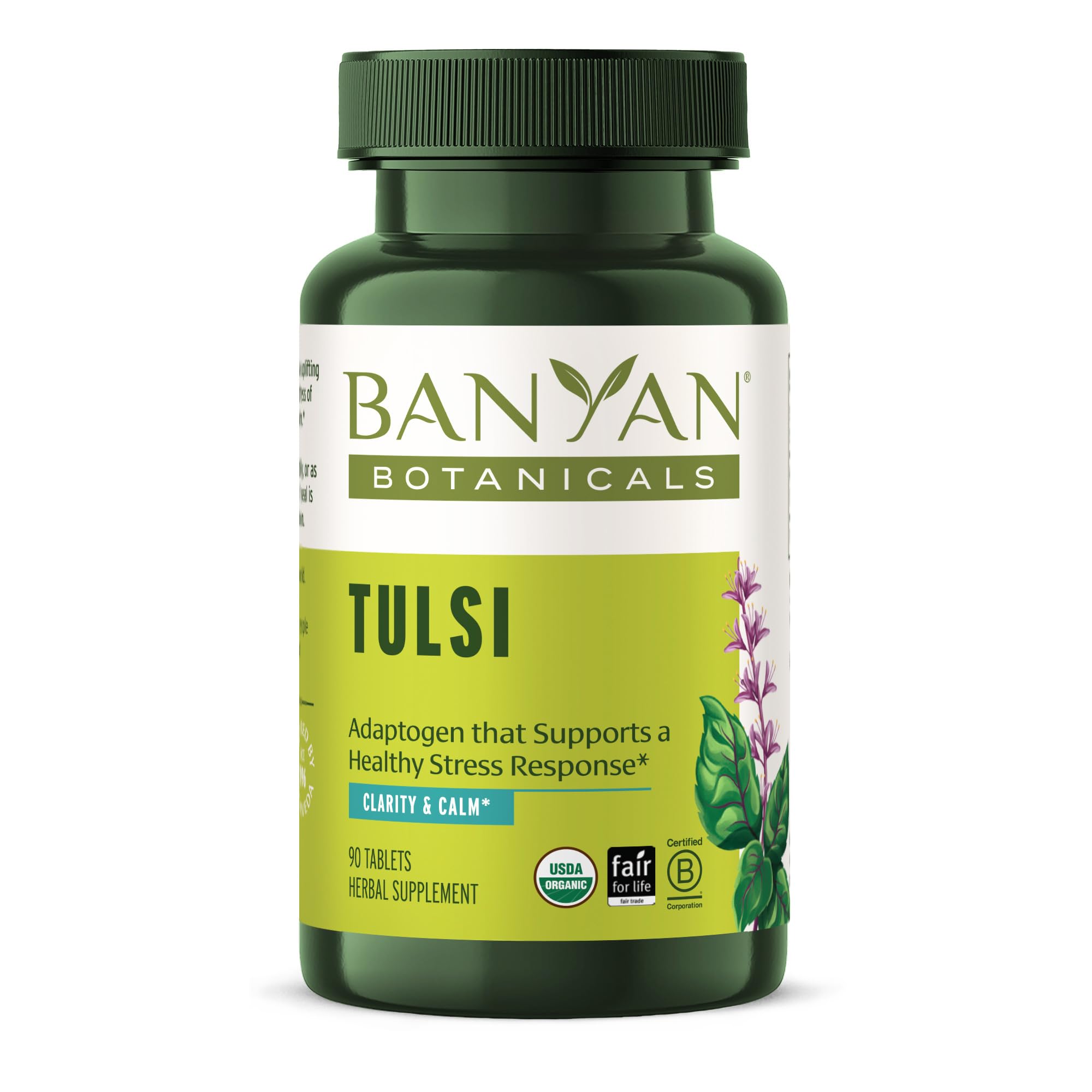 Tulsi de Banyan Botanicals frente a la botella, apoyo suave para la respiración diaria.