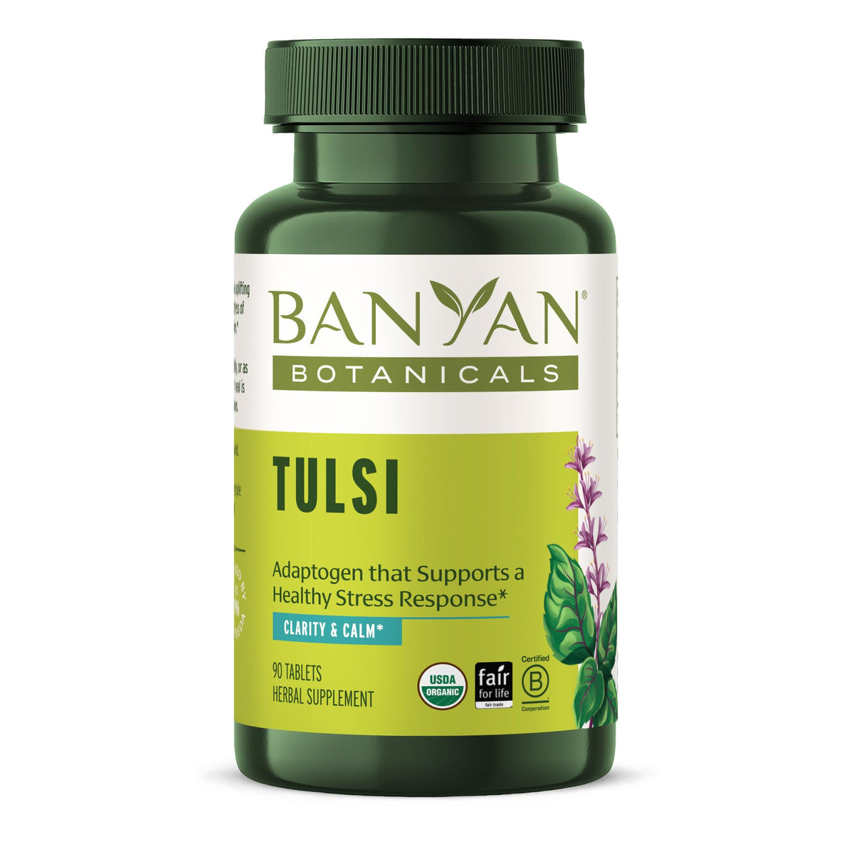 Tulsi de Banyan Botanicals frente a la botella, apoyo suave para la respiración diaria.