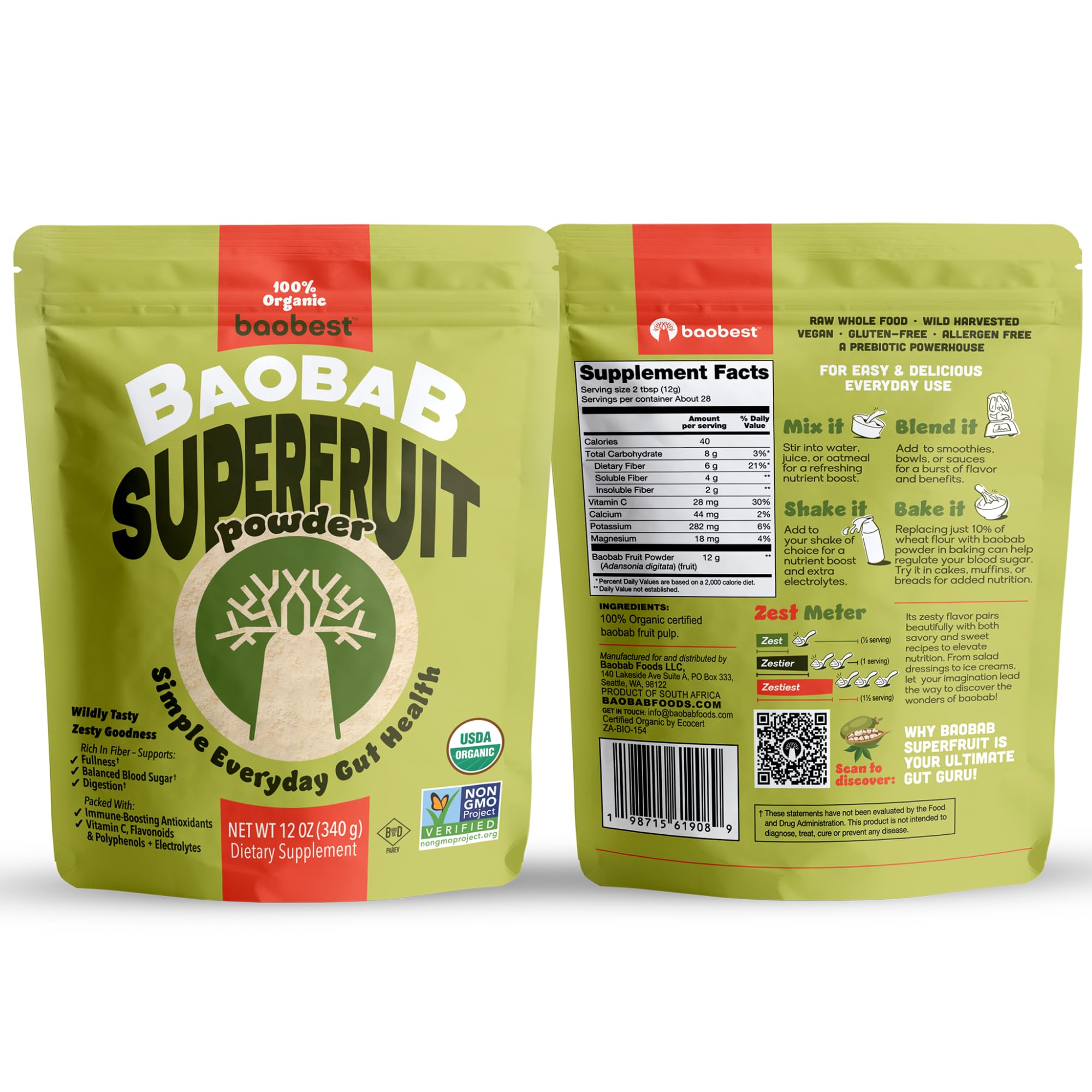 Baobest polvo de baobab natural en bolsa, perfecto para batidos y energía.