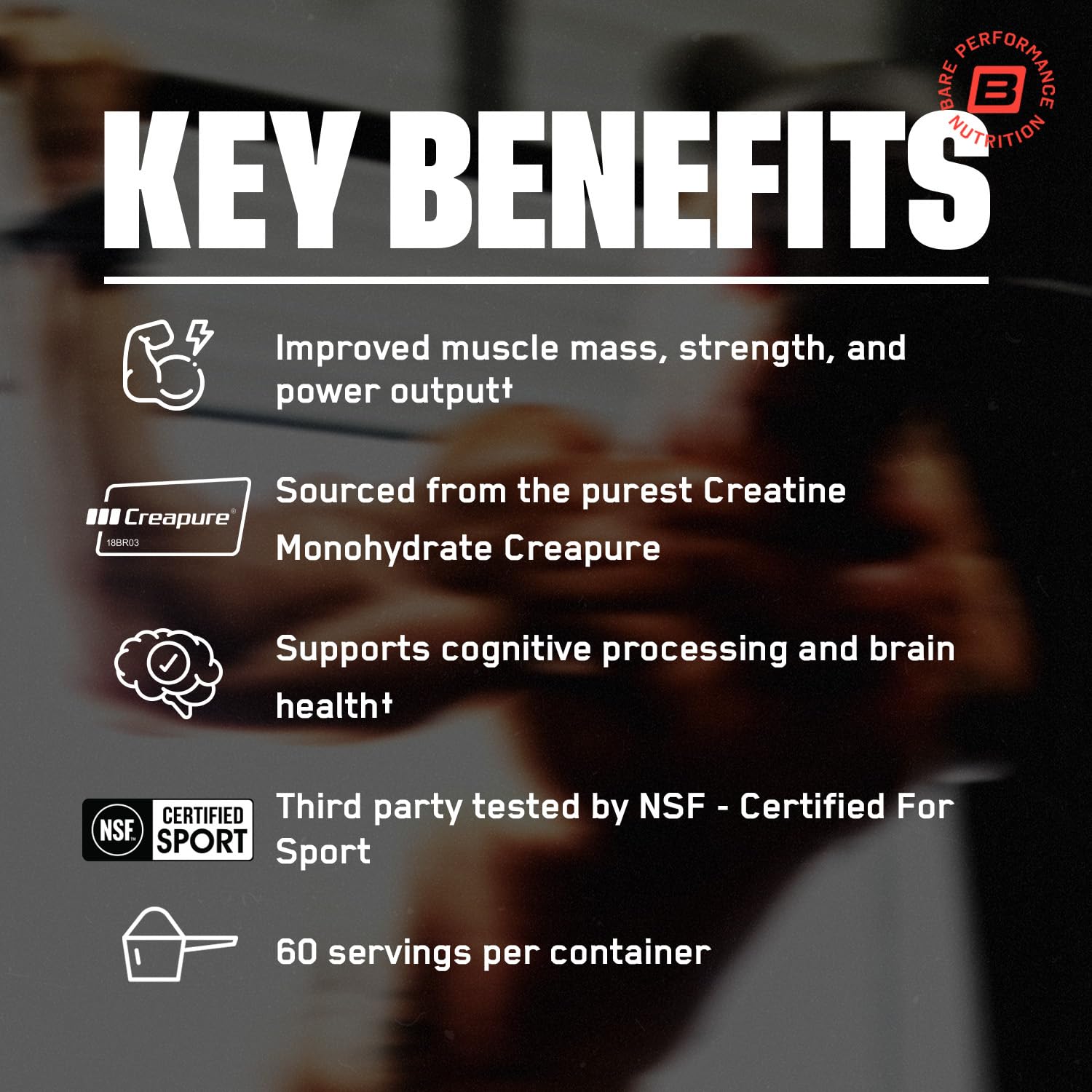 BARE PERFORMANCE NUTRITION Creapure etiqueta: creatina de alta pureza apoyando rendimiento sostenido