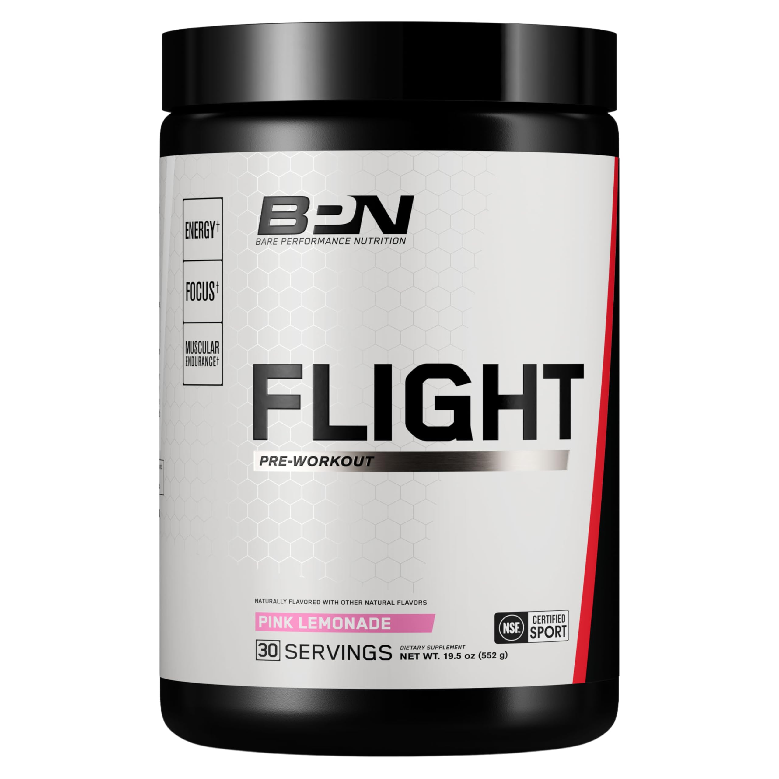 BPN Flight Pre Workout en bote, energía sostenida para entrenamientos intensos.