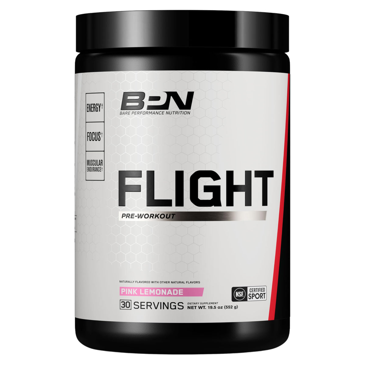 BPN Flight Pre Workout en bote, energía sostenida para entrenamientos intensos.