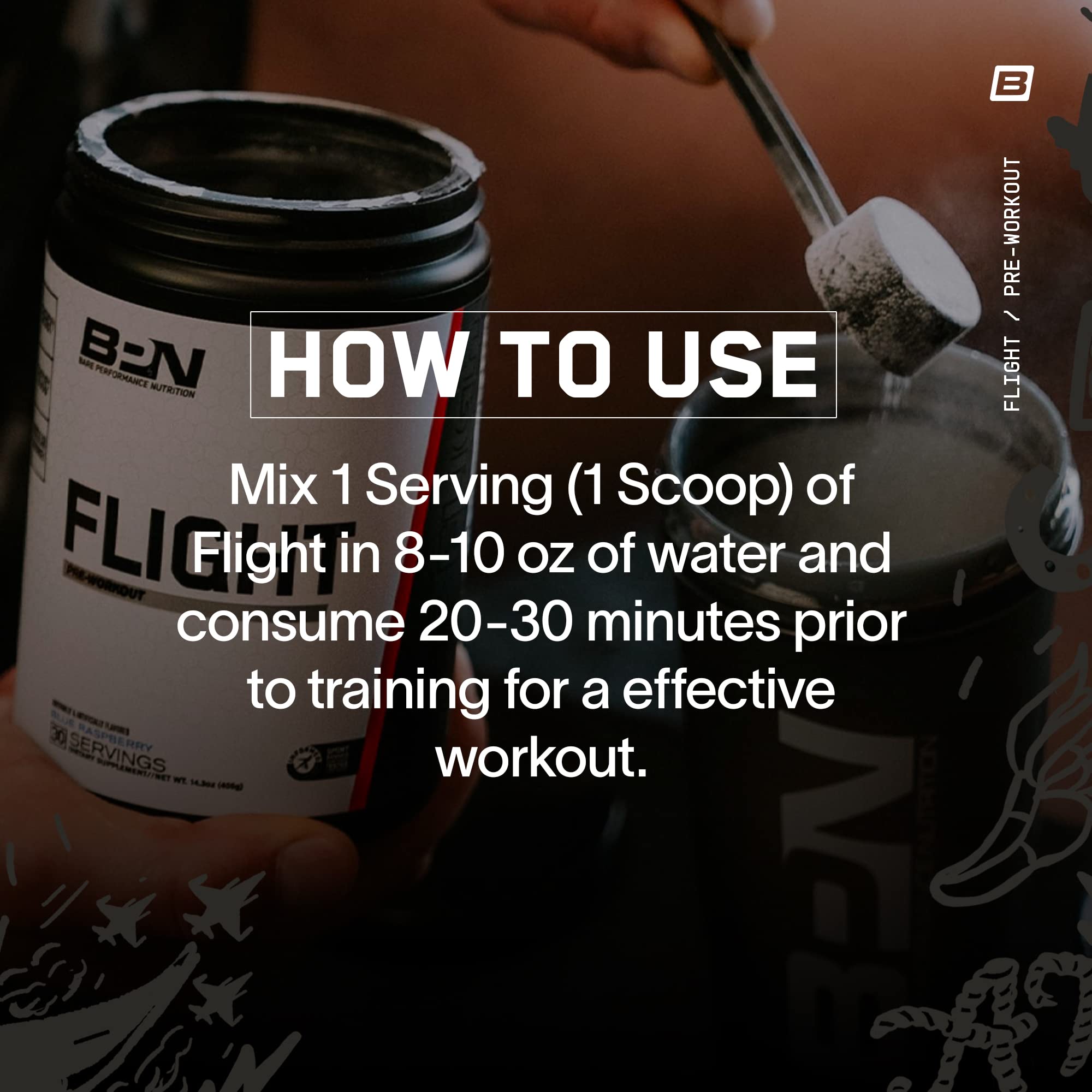 Cucharón de BPN Flight Pre Workout, dosifica fácilmente para un entrenamiento constante.