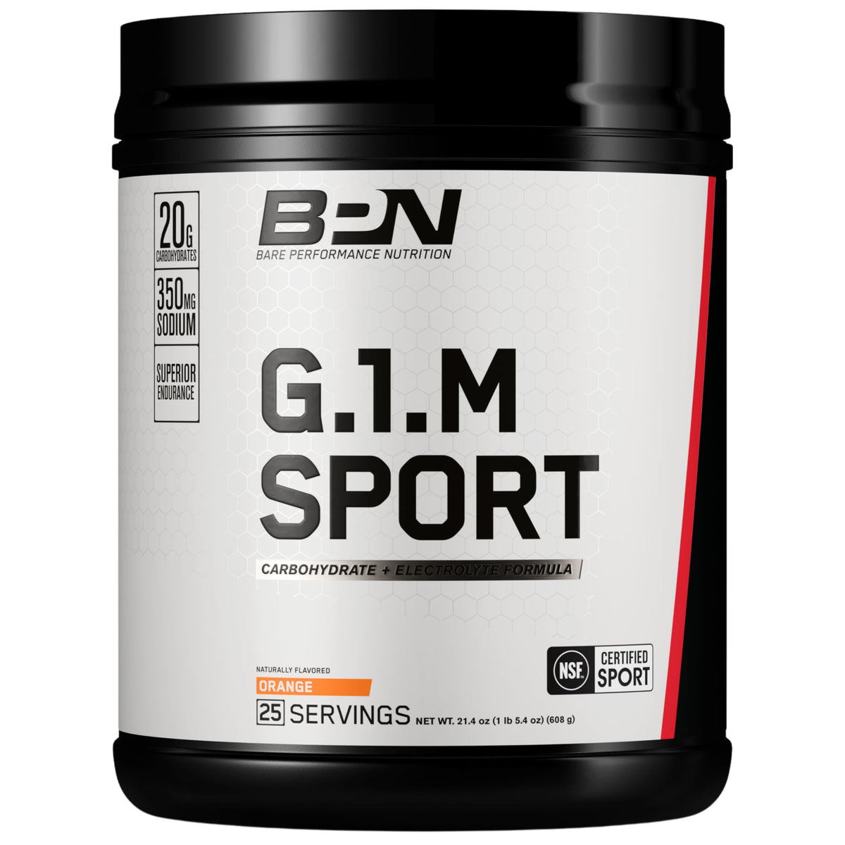 Envase de G1.M Bare Performance Nutrition, color naranja, para entrenamientos.