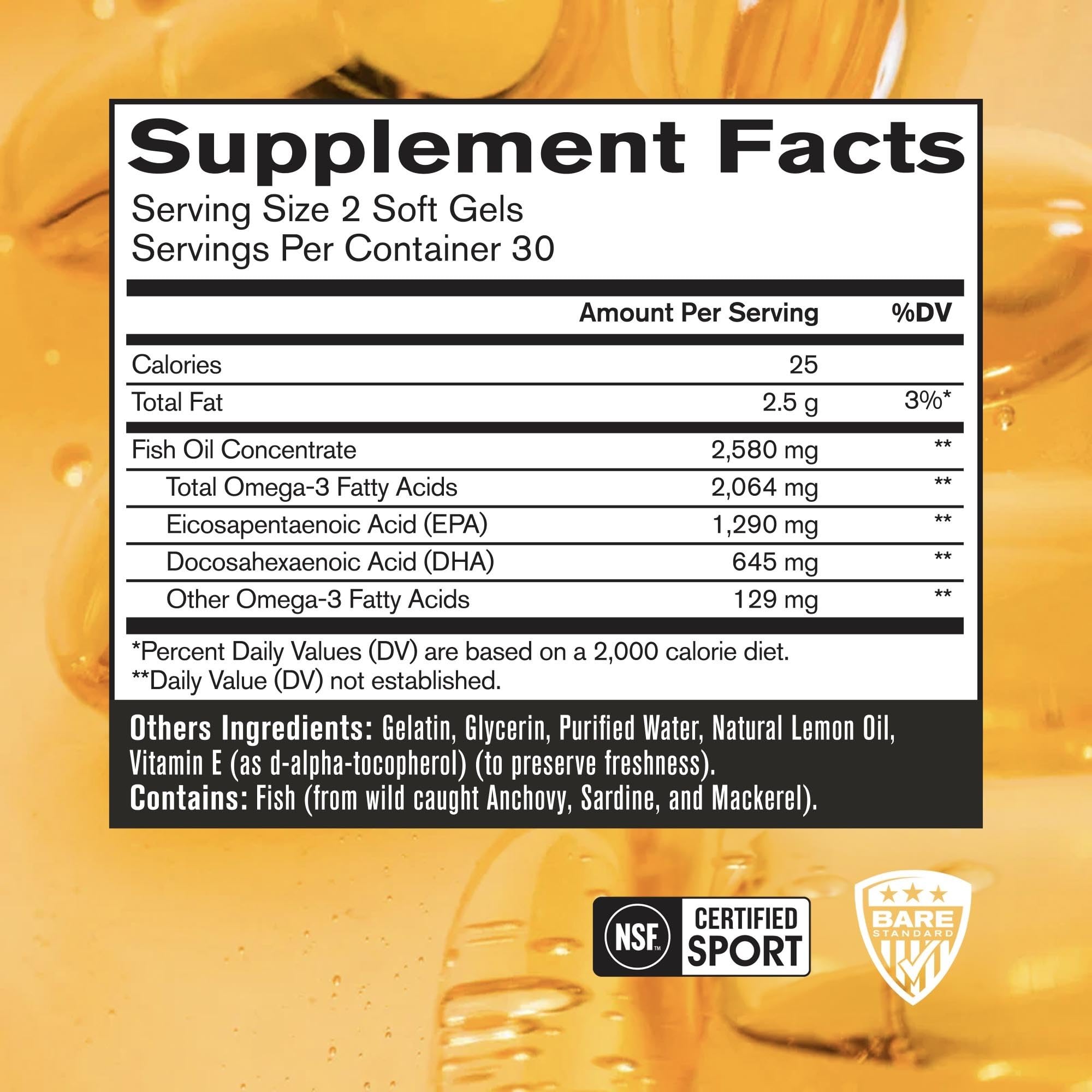 BARE PERFORMANCE NUTRITION Omega Fuerte cápsulas gel suave – alta absorción para EPA y DHA.