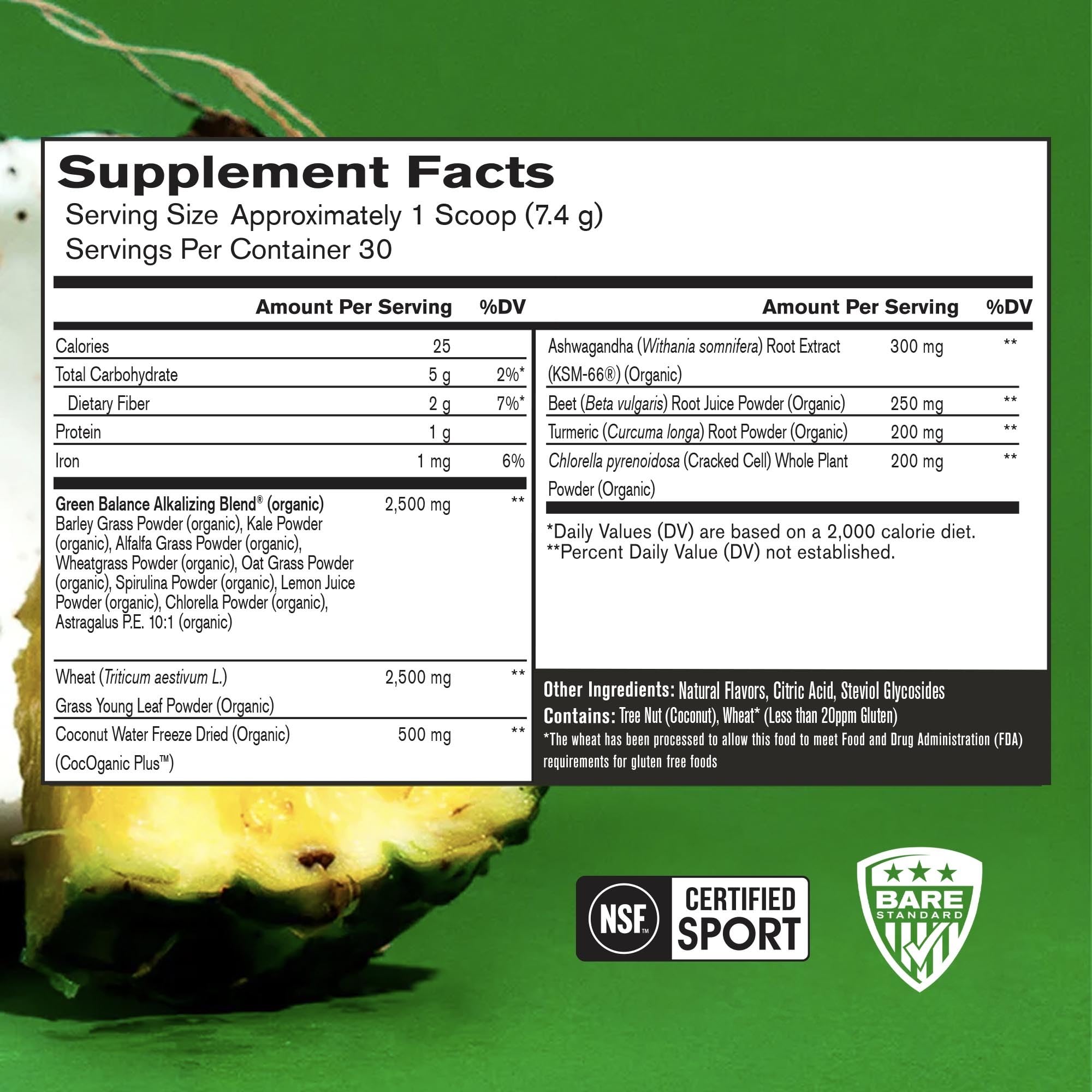 Bare Performance Nutrition Strong Greens: sabor Piña y Coco para empezar el día.