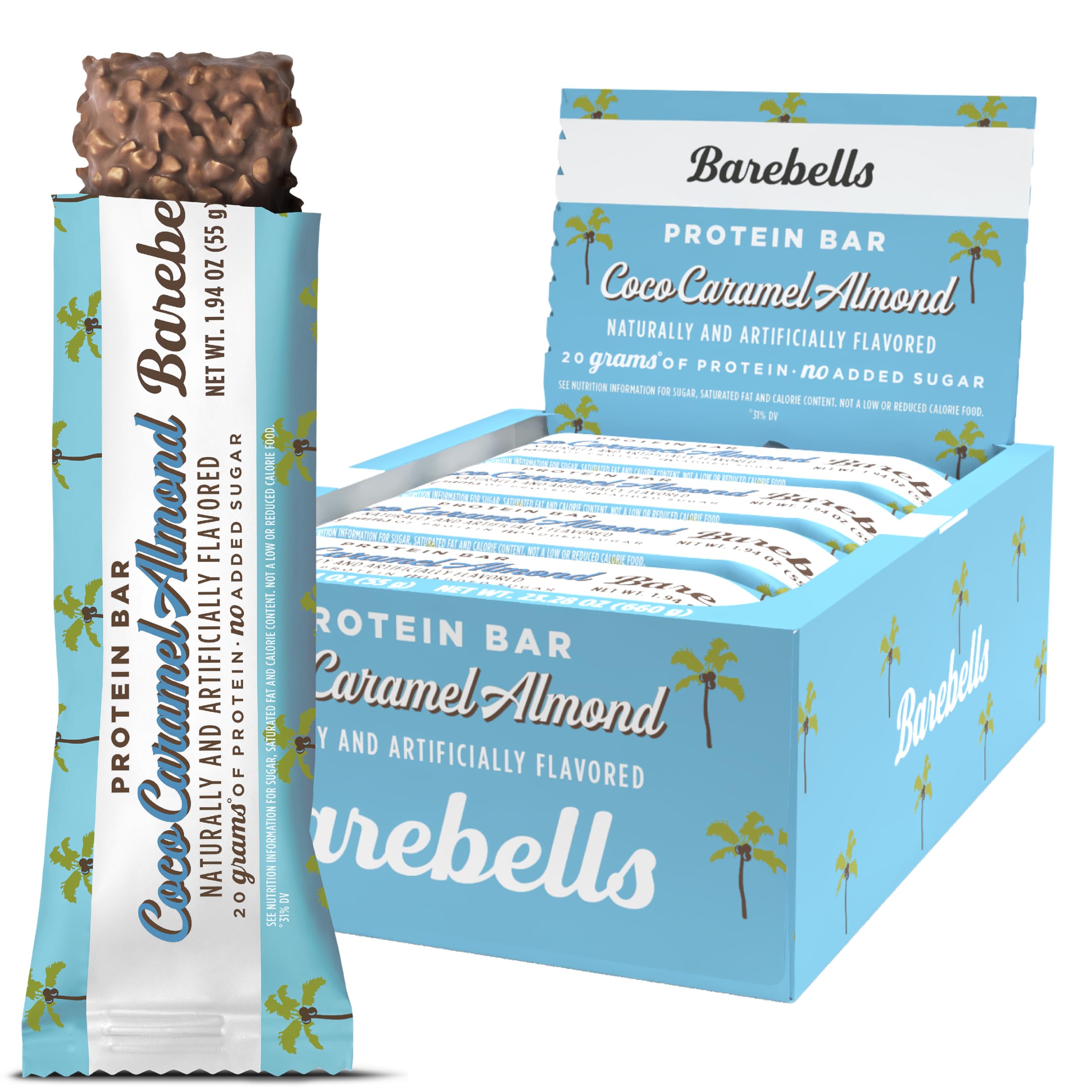 Barebells barra coco caramel almendra, empaque de 12 unidades, snack proteico delicioso.