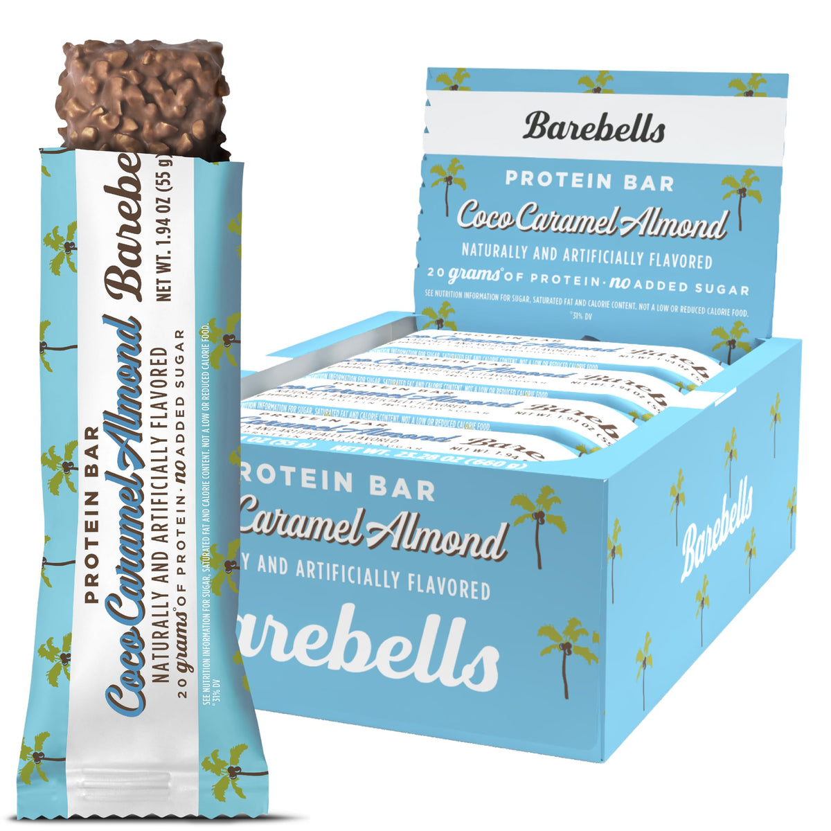 Barebells barra coco caramel almendra, empaque de 12 unidades, snack proteico delicioso.