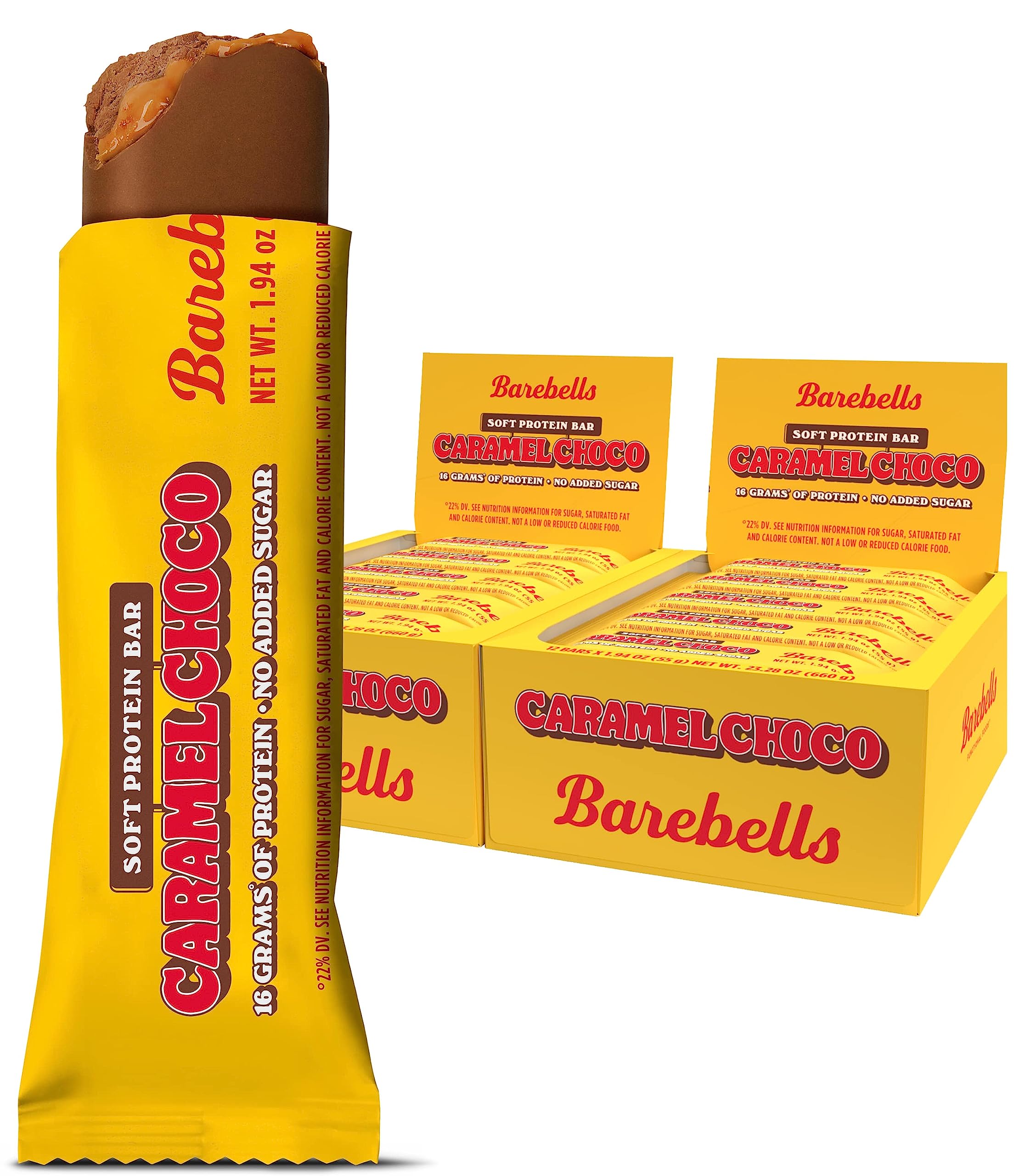 Barebells barra proteica suave caramel-choco en empaque frontal, snack práctico para el día.