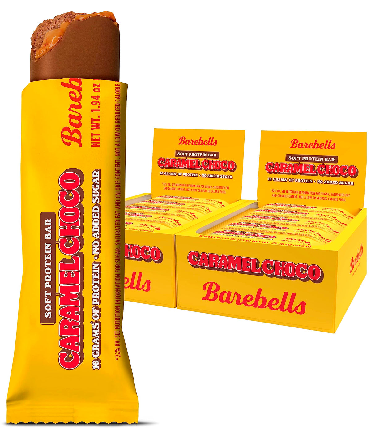 Barebells barra proteica suave caramel-choco en empaque frontal, snack práctico para el día.