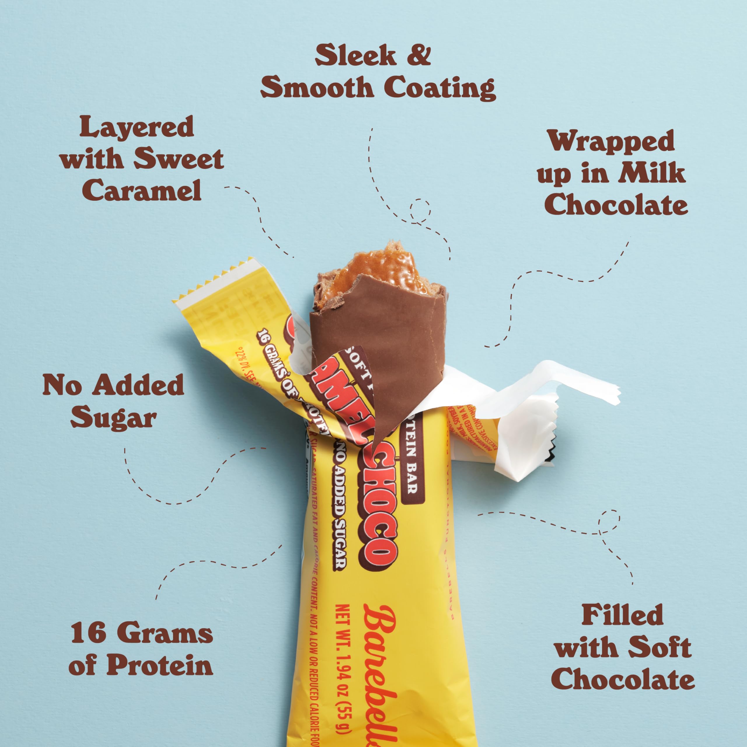 Barebells barra proteica suave caramel-choco interior cremoso, ideal snack rápido tras entrenamiento.