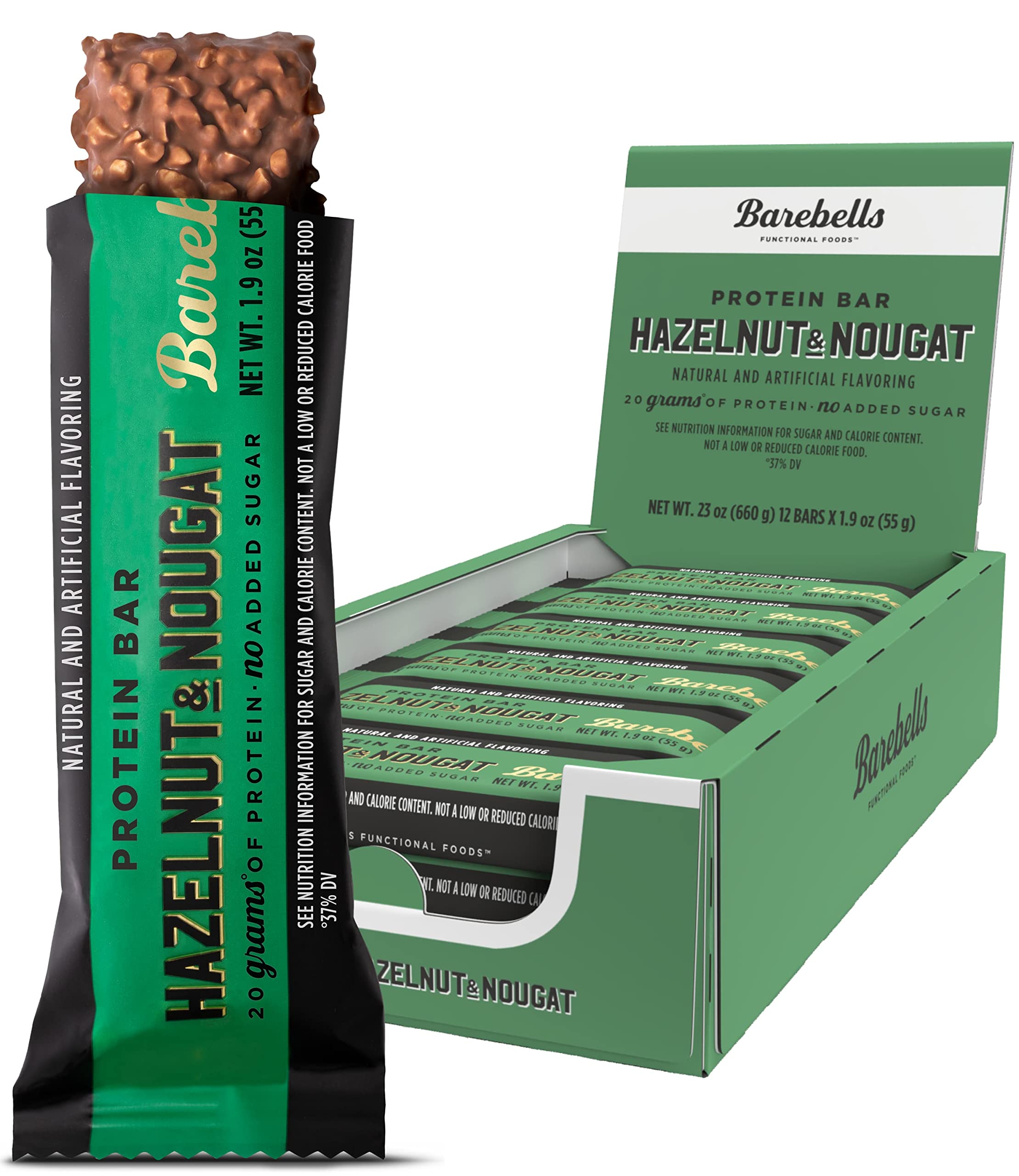 BAREBELLS barra proteica avellana nougat - embalaje: tentempié práctico para llevar.