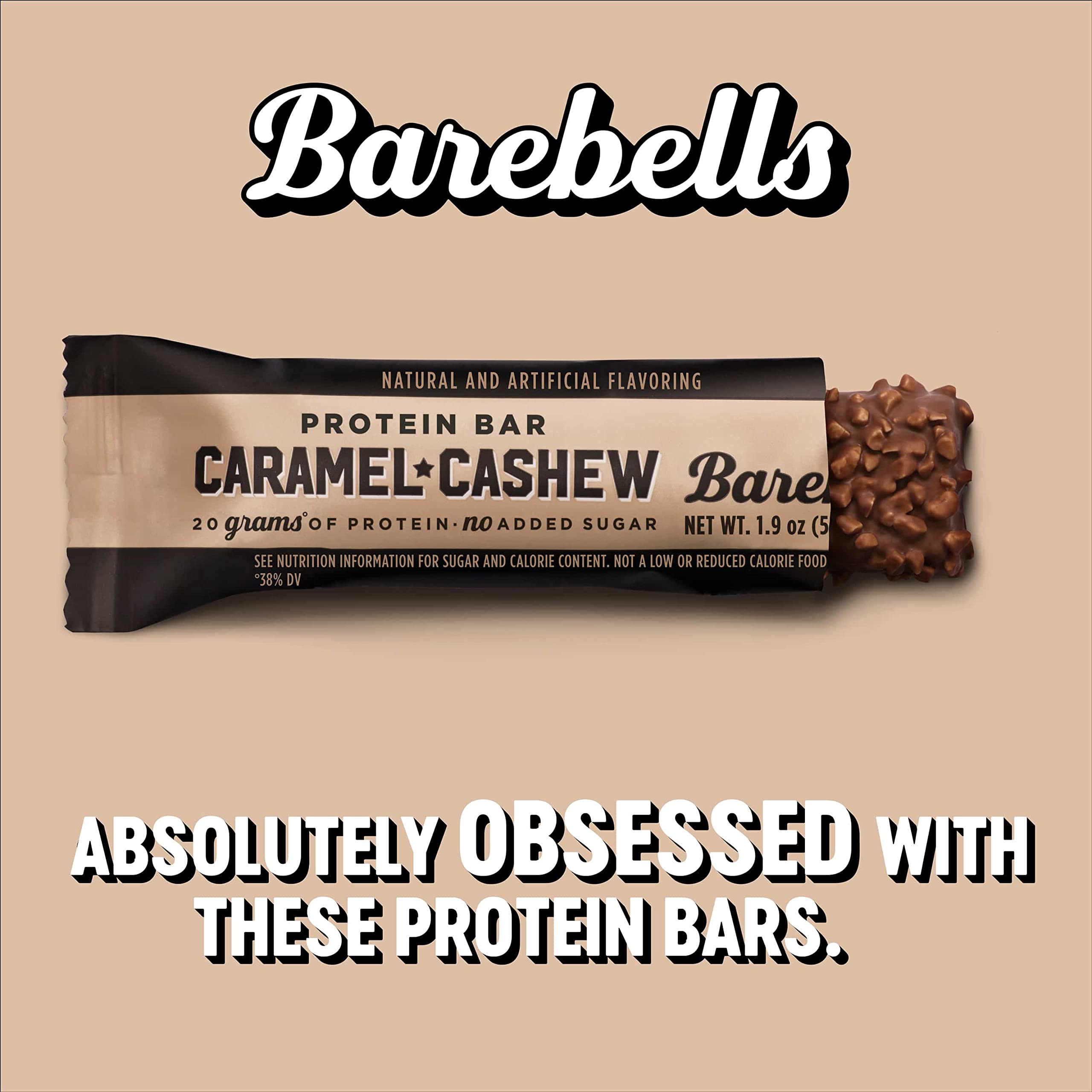 Barebells Barra Proteína Caramelo Anacardo entera, cobertura de chocolate y sabor indulgente.