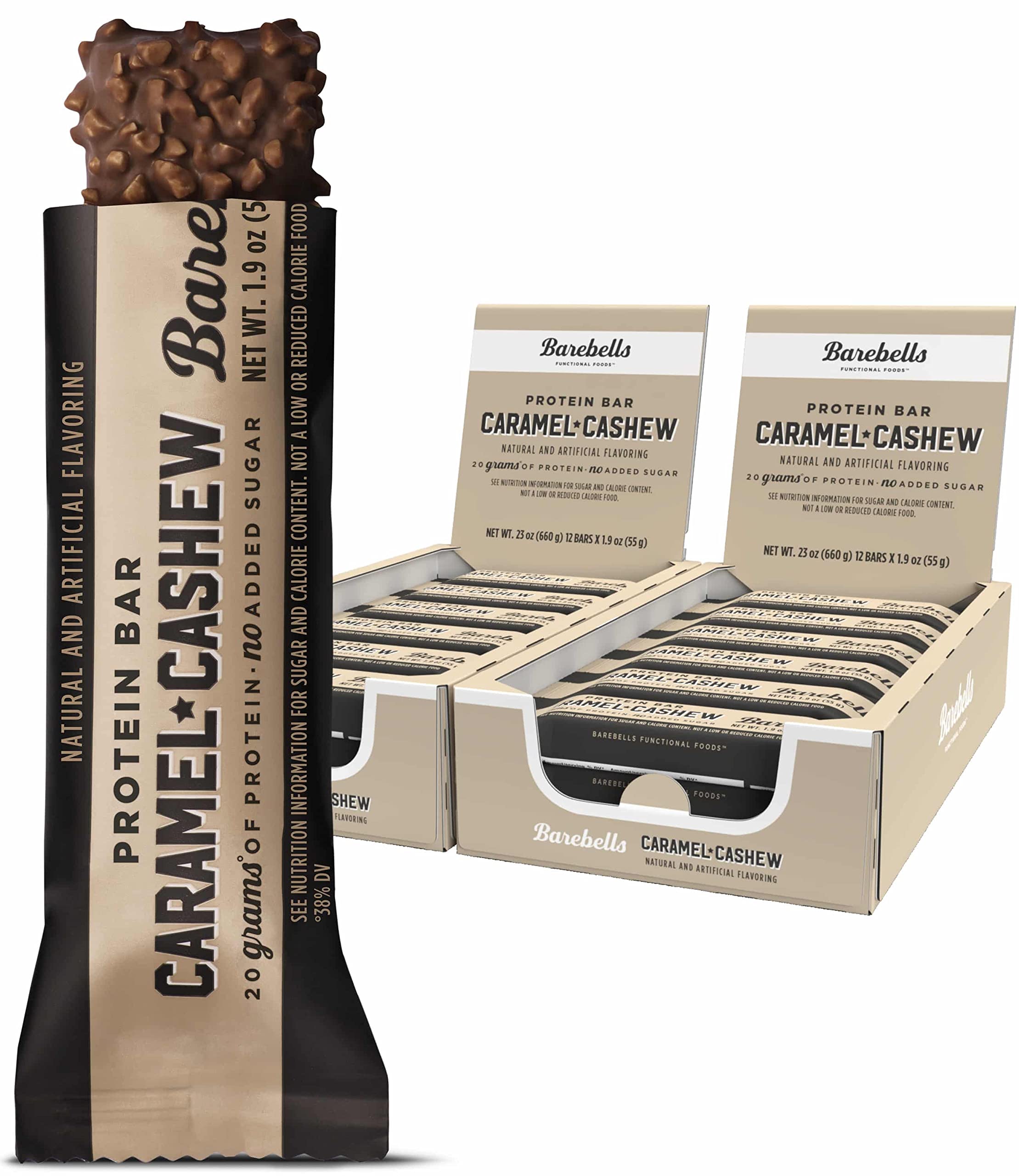 Barebells Barra Proteína Caramelo Anacardo en envase frontal, sabor intenso y proteína alta para desayunos.