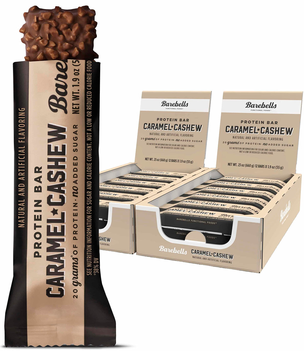 Barebells Barra Proteína Caramelo Anacardo en envase frontal, sabor intenso y proteína alta para desayunos.