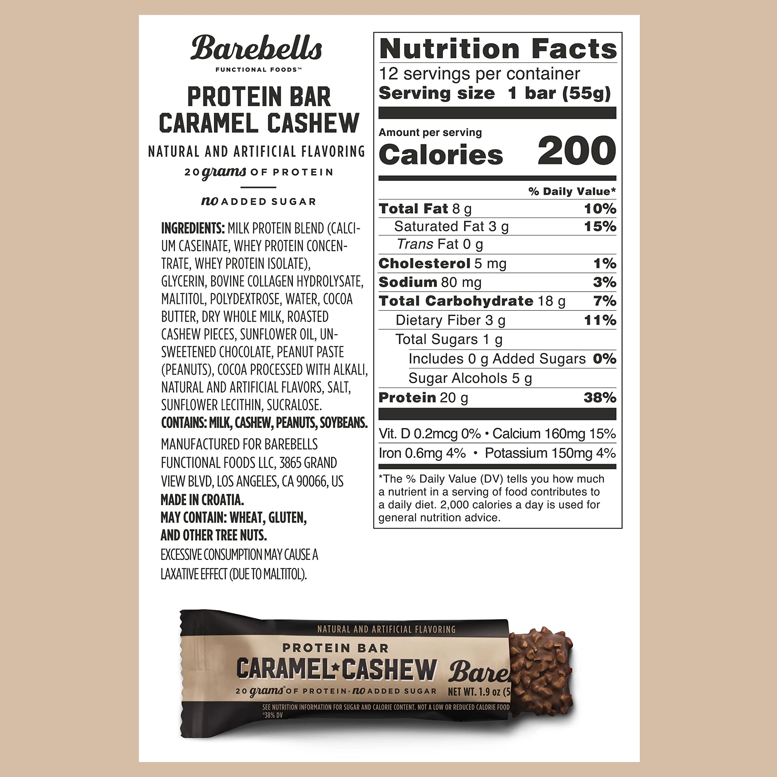 Barebells Barra Proteína Caramelo Anacardo en envase lateral, información nutricional útil para elegir un tentempié.