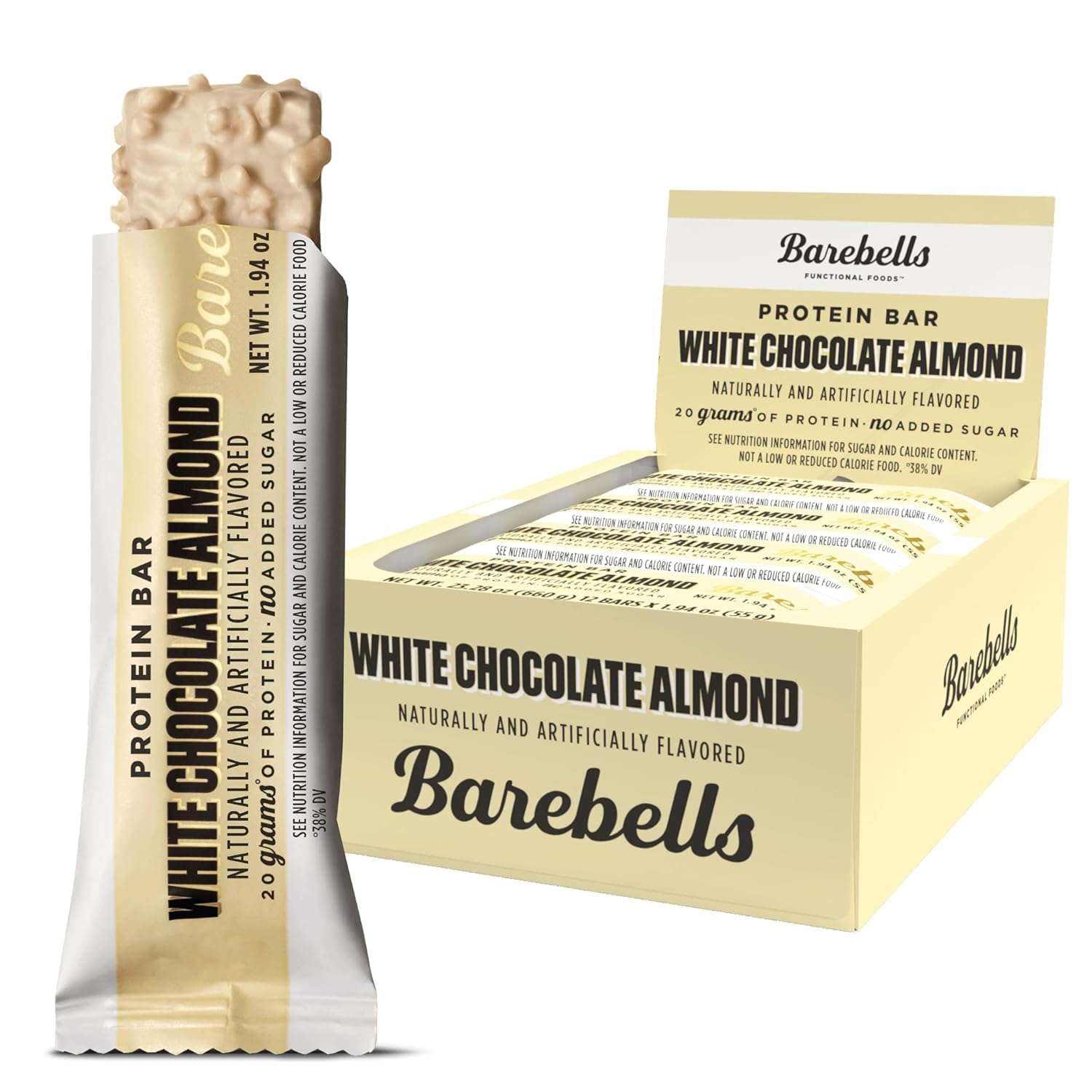 Barra Barebells proteina chocolate blanco almendra en empaque, snack práctico para llevar.