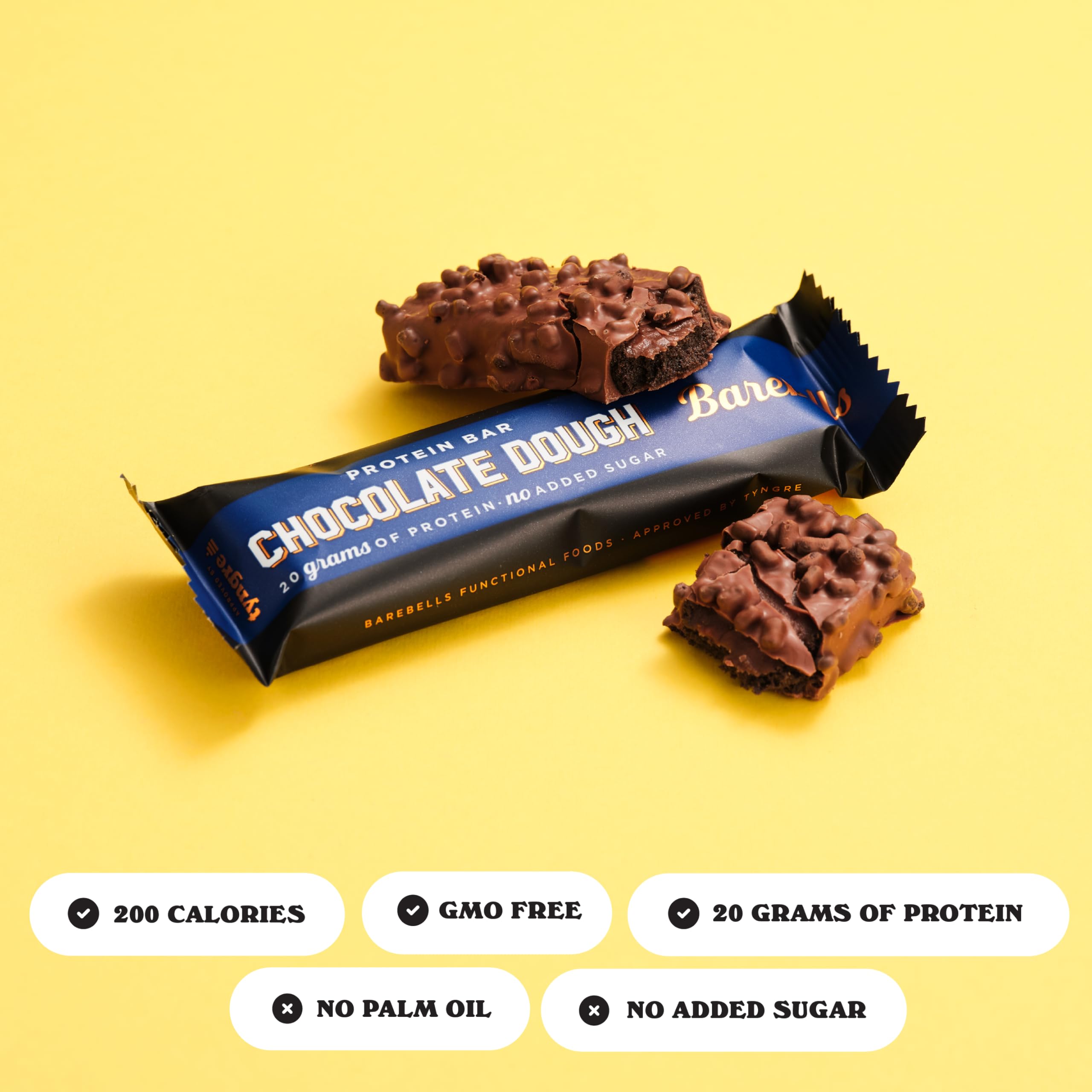 Barra Barebells Chocolate Dough, cobertura de chocolate suave y crujiente, experiencia sabrosa para cualquier momento.
