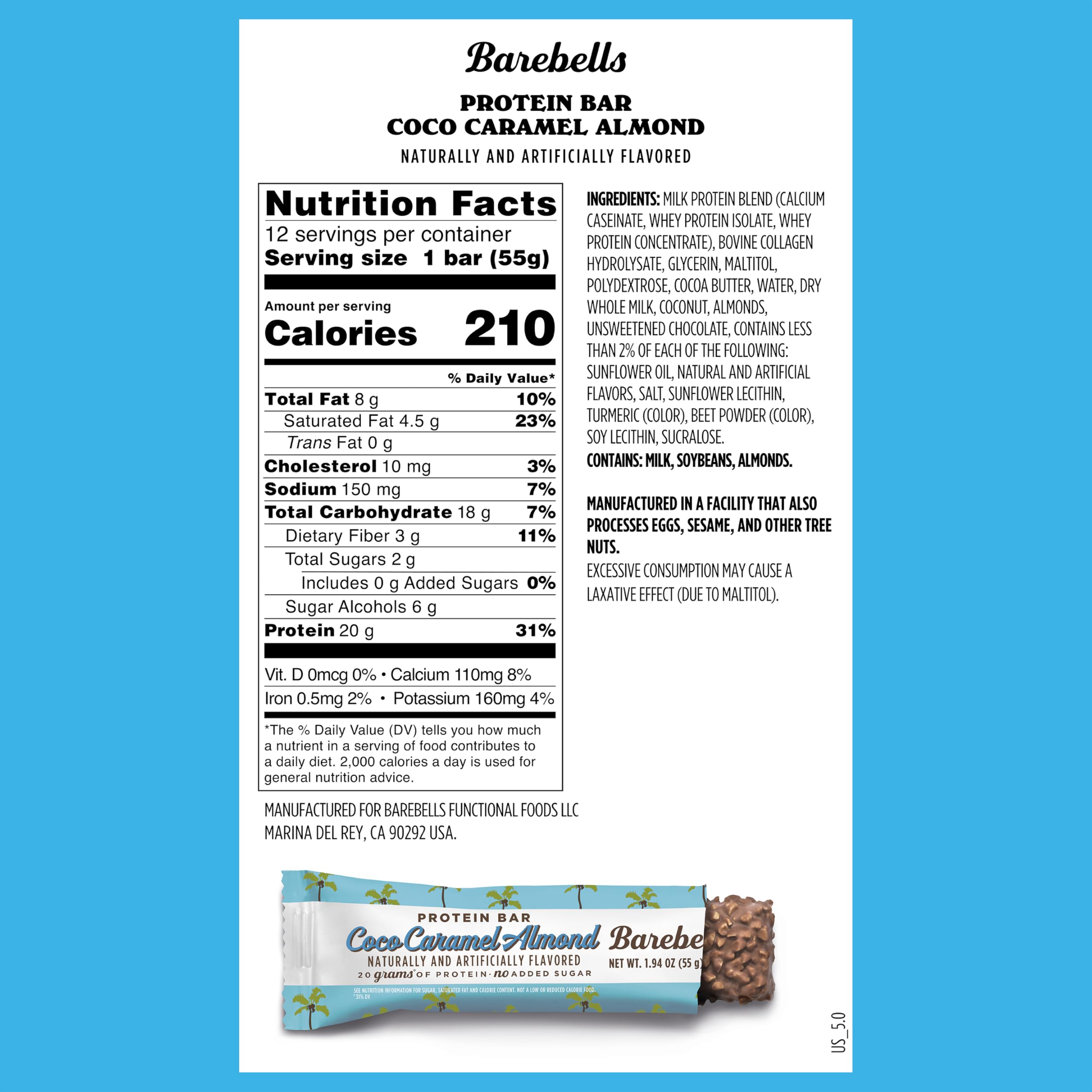 Barebells barra proteina coco caramel almendra, 20 g de proteína para recuperar tras entreno.