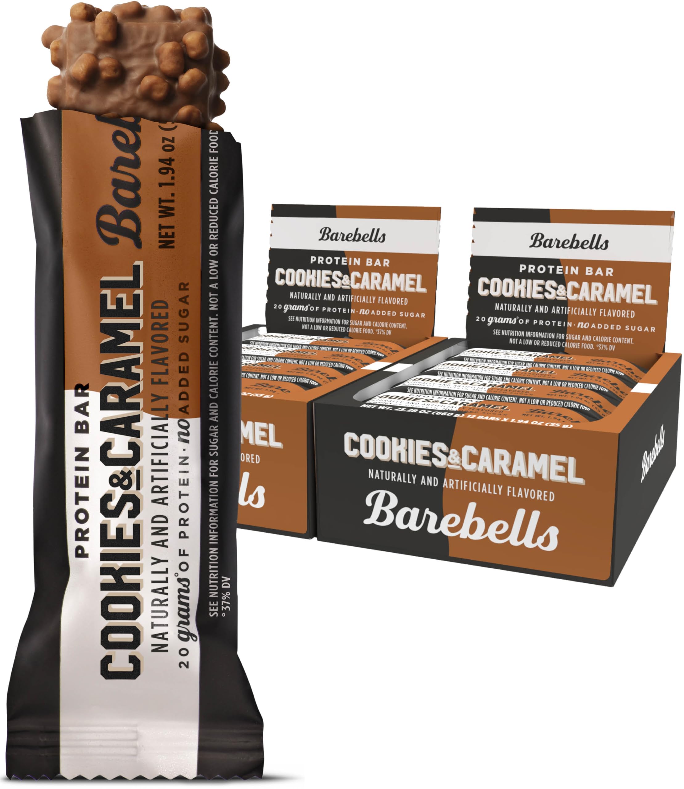 Barebells barra proteína galletas y caramelo, cobertura de leche, snack delicioso para recargar energía.
