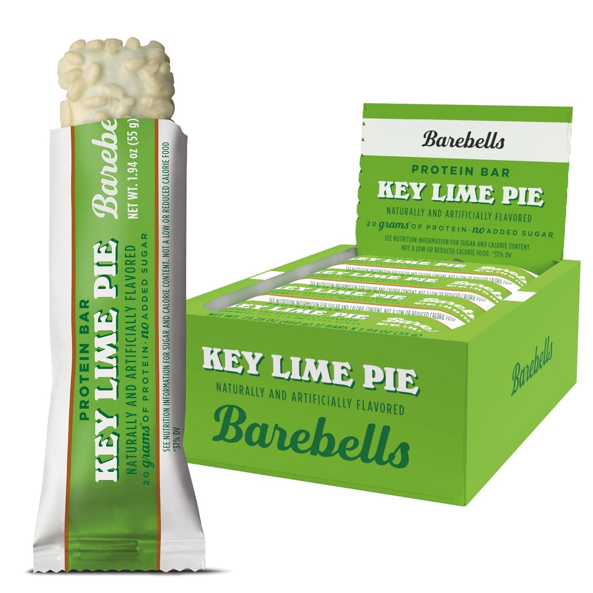 Barebells barra proteína Lima Pie en primer plano, sabor cítrico tentador.