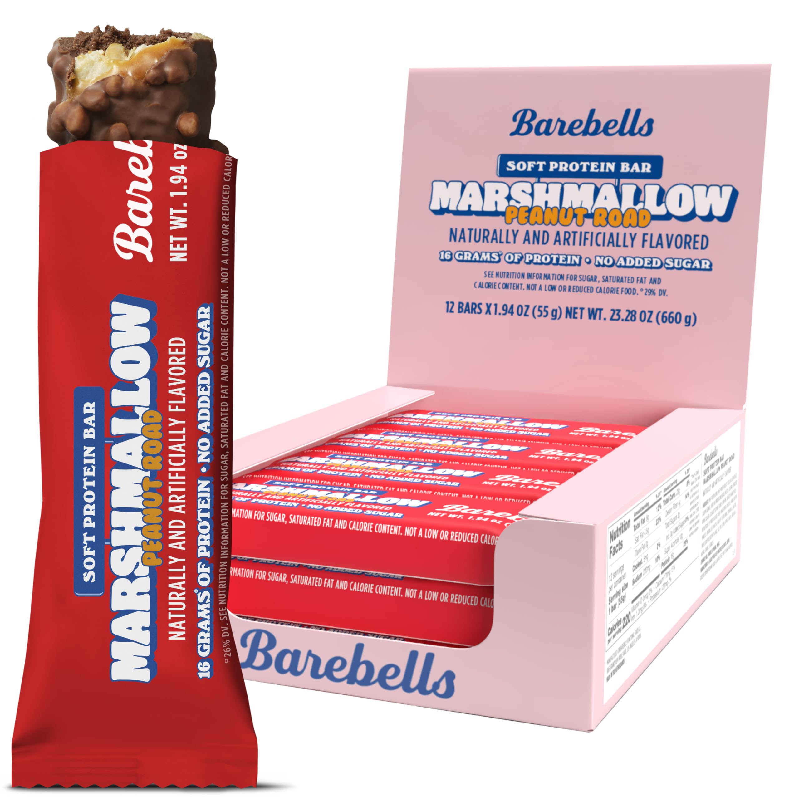 Barebells barra proteína centro de malvavisco, snack rápido y suave.