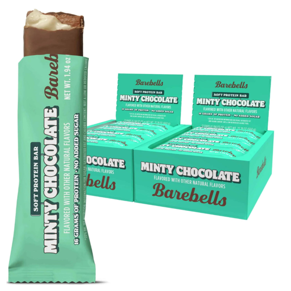 Barebells barra proteica suave de menta y chocolate en empaque, ideal para snack en ruta.