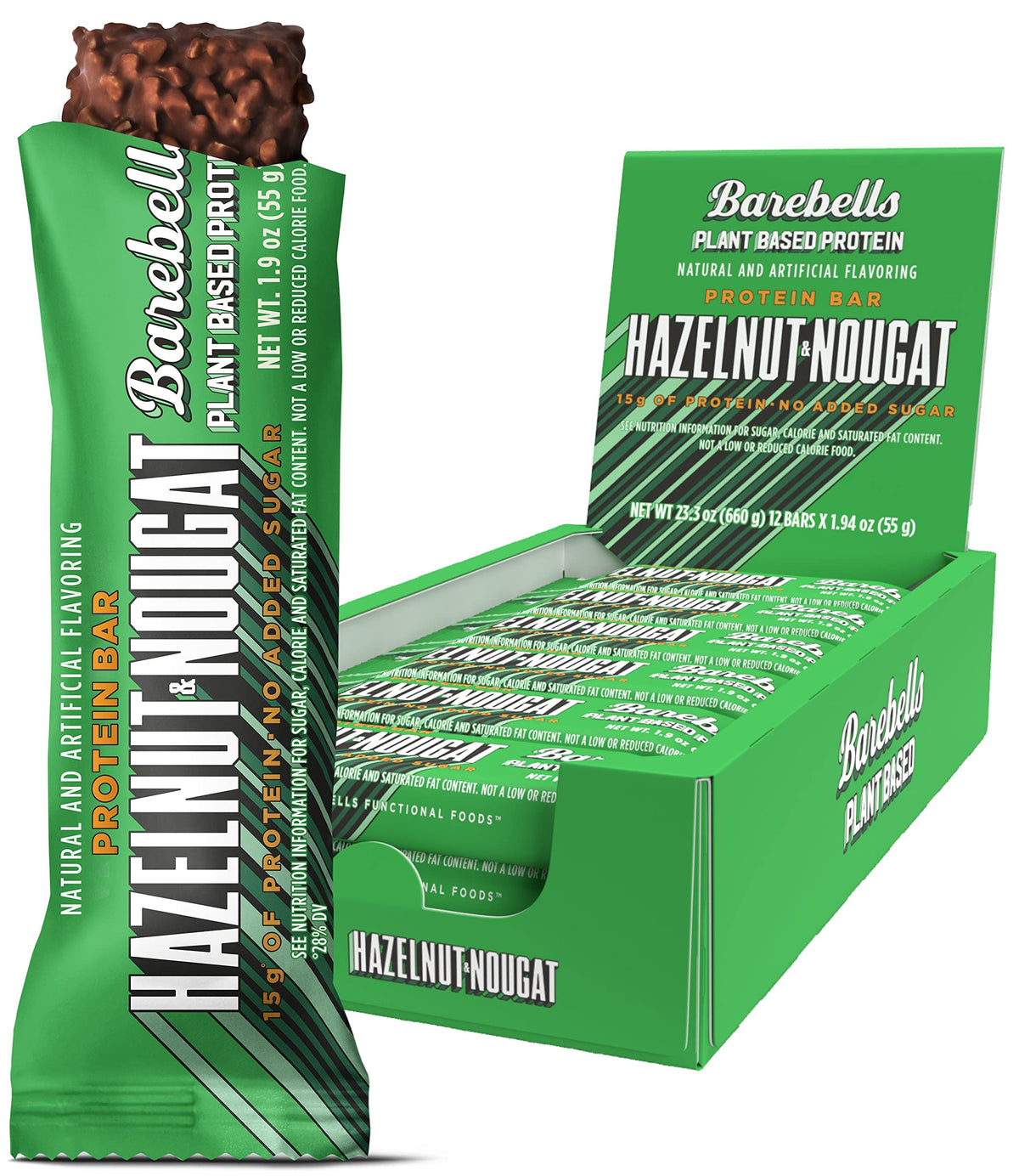 BAREBELLS barra proteica vegana avellana-nougat, 15 g de proteína por barra.