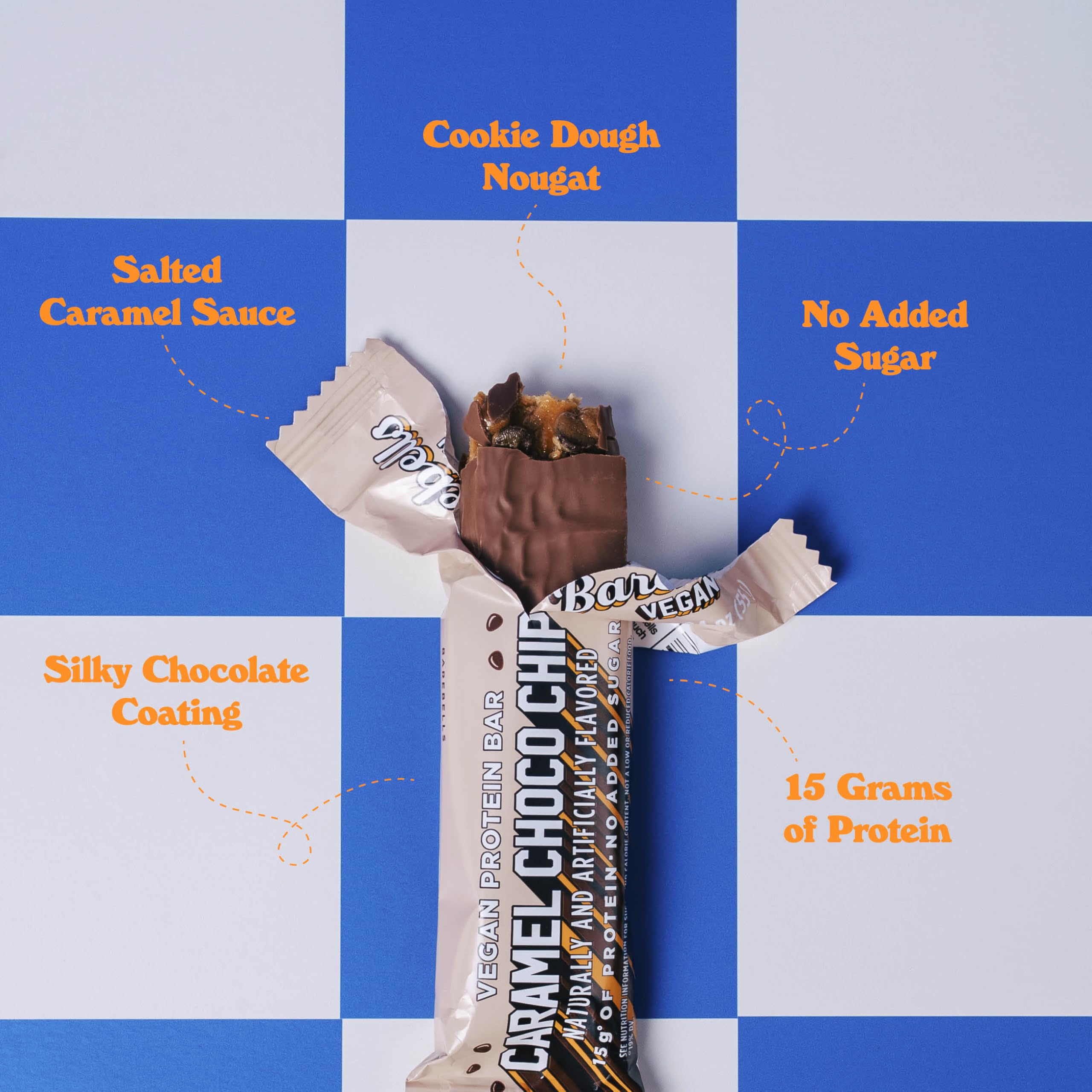 Revestimiento de chocolate de Barebells Caramel Choco Chip para un bocado sabroso.