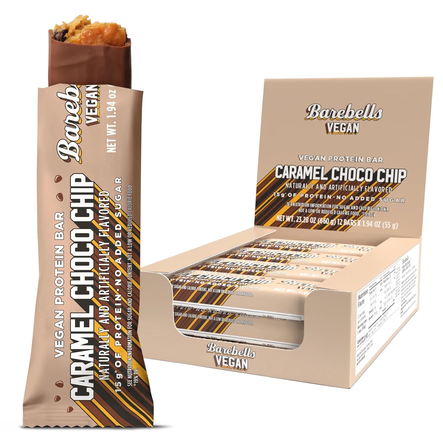 Barra Barebells proteina vegana Caramel Choco Chip en empaque, snack práctico para llevar.