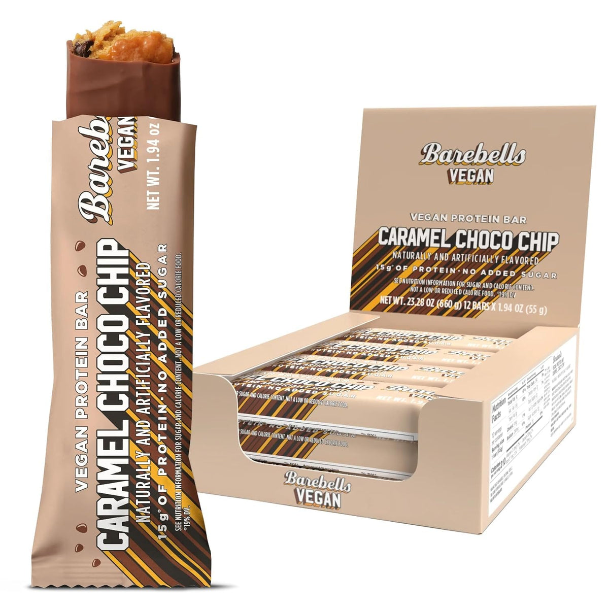 Barra Barebells proteina vegana Caramel Choco Chip en empaque, snack práctico para llevar.