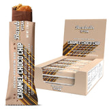 Barra Barebells proteina vegana Caramel Choco Chip en empaque, snack práctico para llevar.