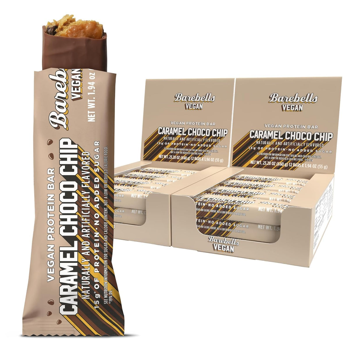 Barra proteica vegana Barebells con caramelo y chispas de chocolate, empaque para llevar