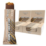 Barra proteica vegana Barebells con caramelo y chispas de chocolate, empaque para llevar