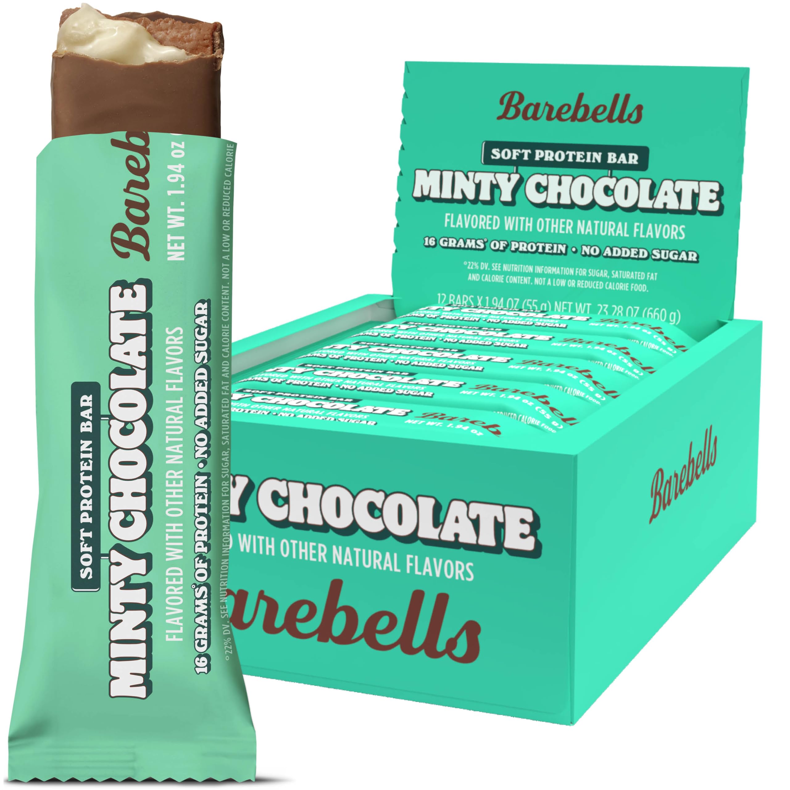 Barebells chocolate con menta suave, frente del empaque, snack proteico para iniciar el día.