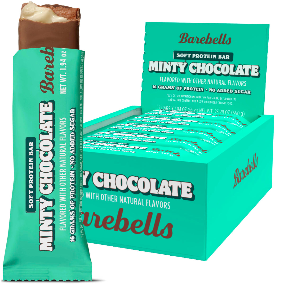 Barebells chocolate con menta suave, frente del empaque, snack proteico para iniciar el día.