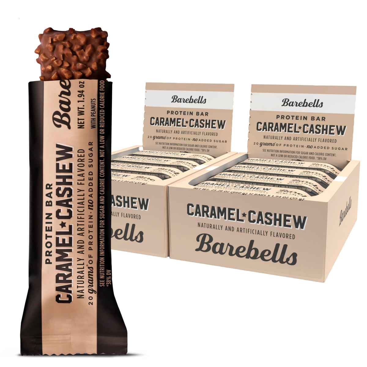 Barra Barebells Caramel Cashew para llevar, con caramelo cremoso y nueces.
