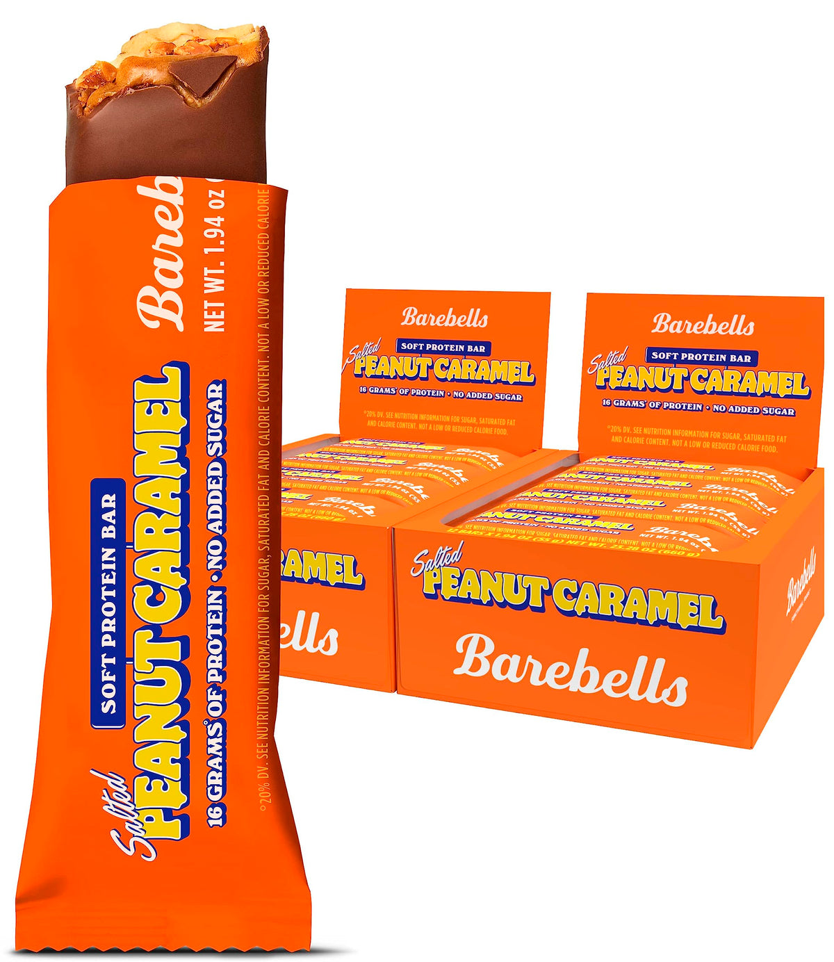 BAREBELLS barra proteica suave de maní salado con caramelo, empaque doble para merienda.