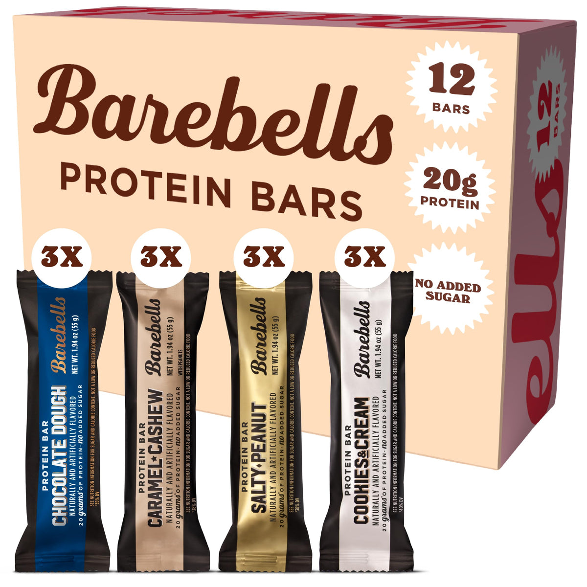 Barebells variedad de barras de proteína, 12 unidades, snack práctico para el día.