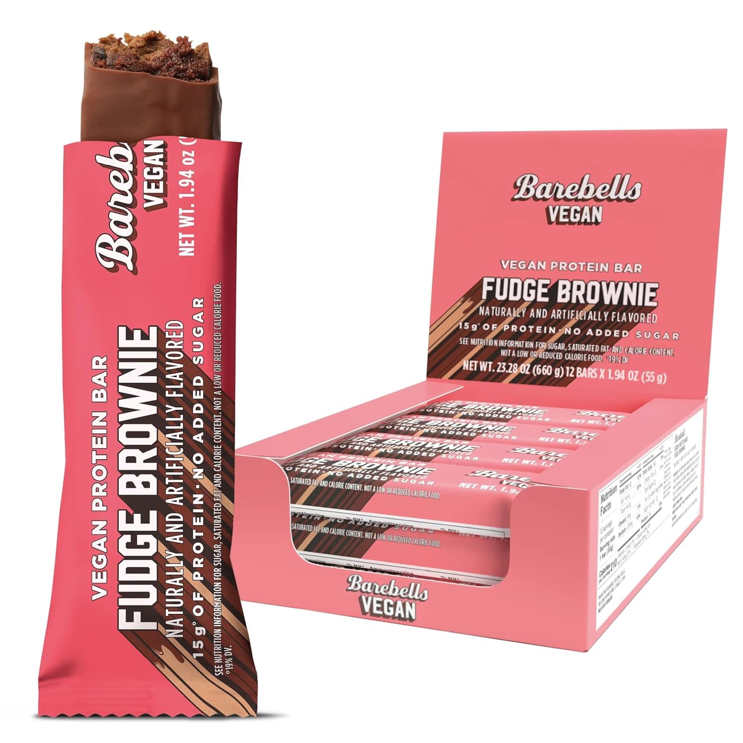 Barra proteica vegana Barebells Fudge Brownie en envase práctico para llevar.