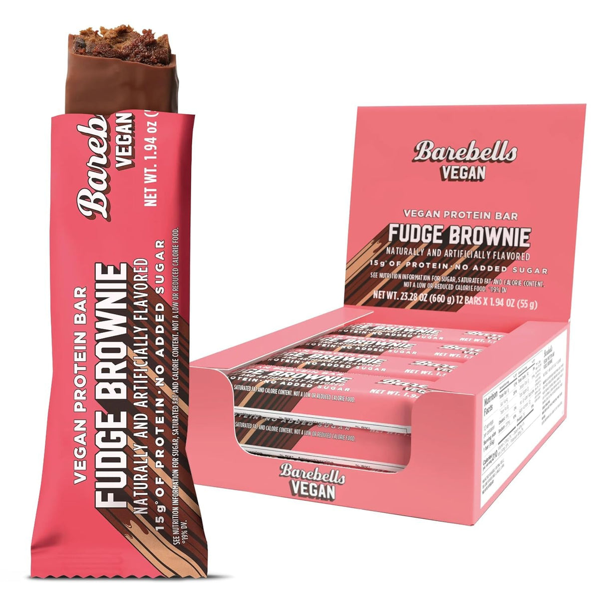 Barra proteica vegana Barebells Fudge Brownie en envase práctico para llevar.