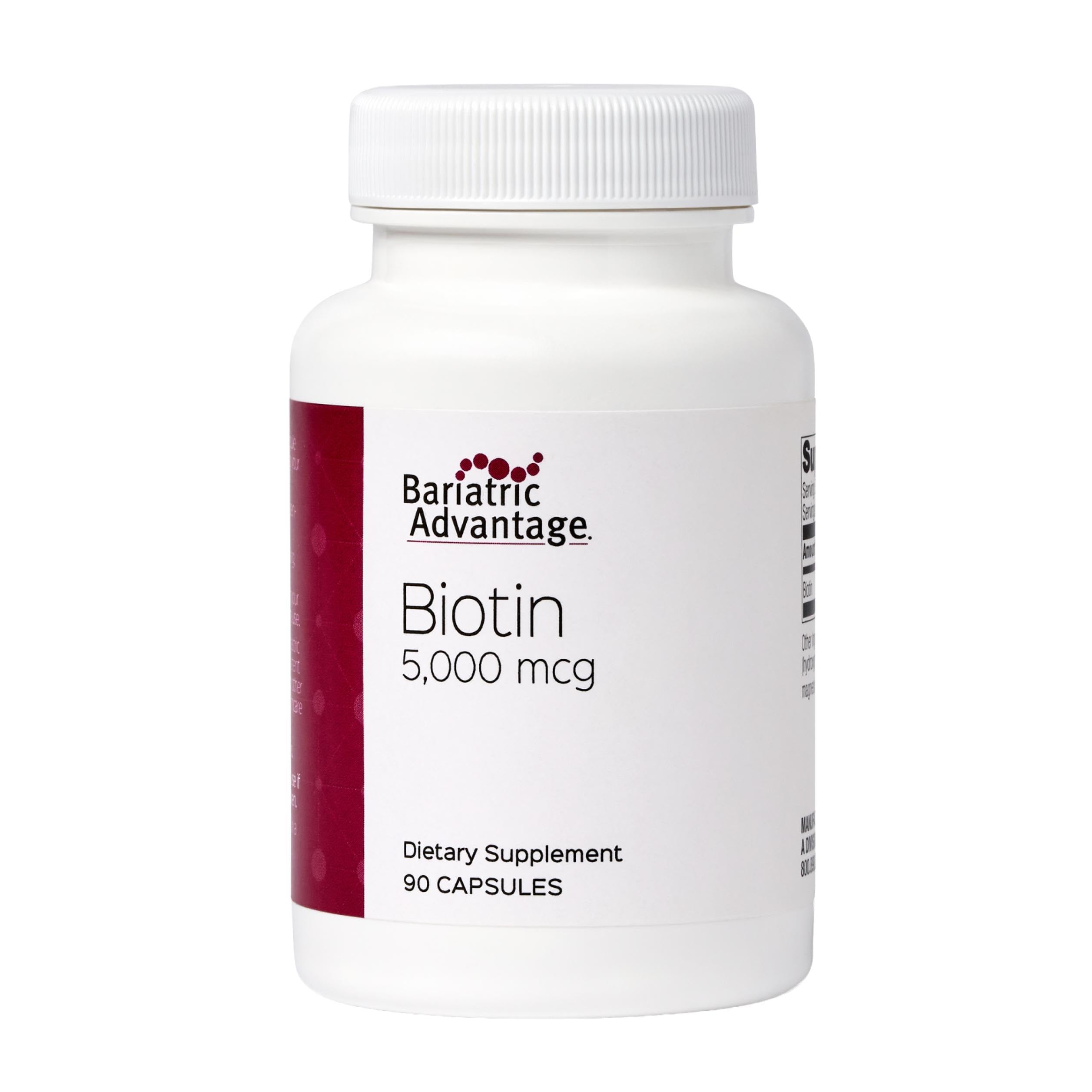 Bariatric Advantage Biotina 5000mcg, empaque frontal, apoyo para cabello y uñas.