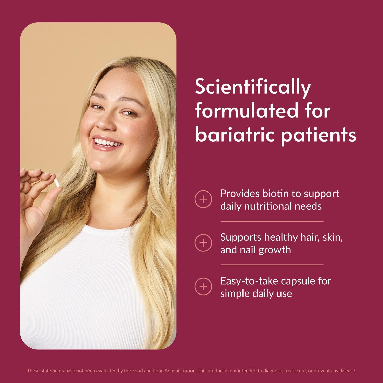 Bariatric Advantage Biotina 5000mcg, etiqueta clara, información visible para la dosis.