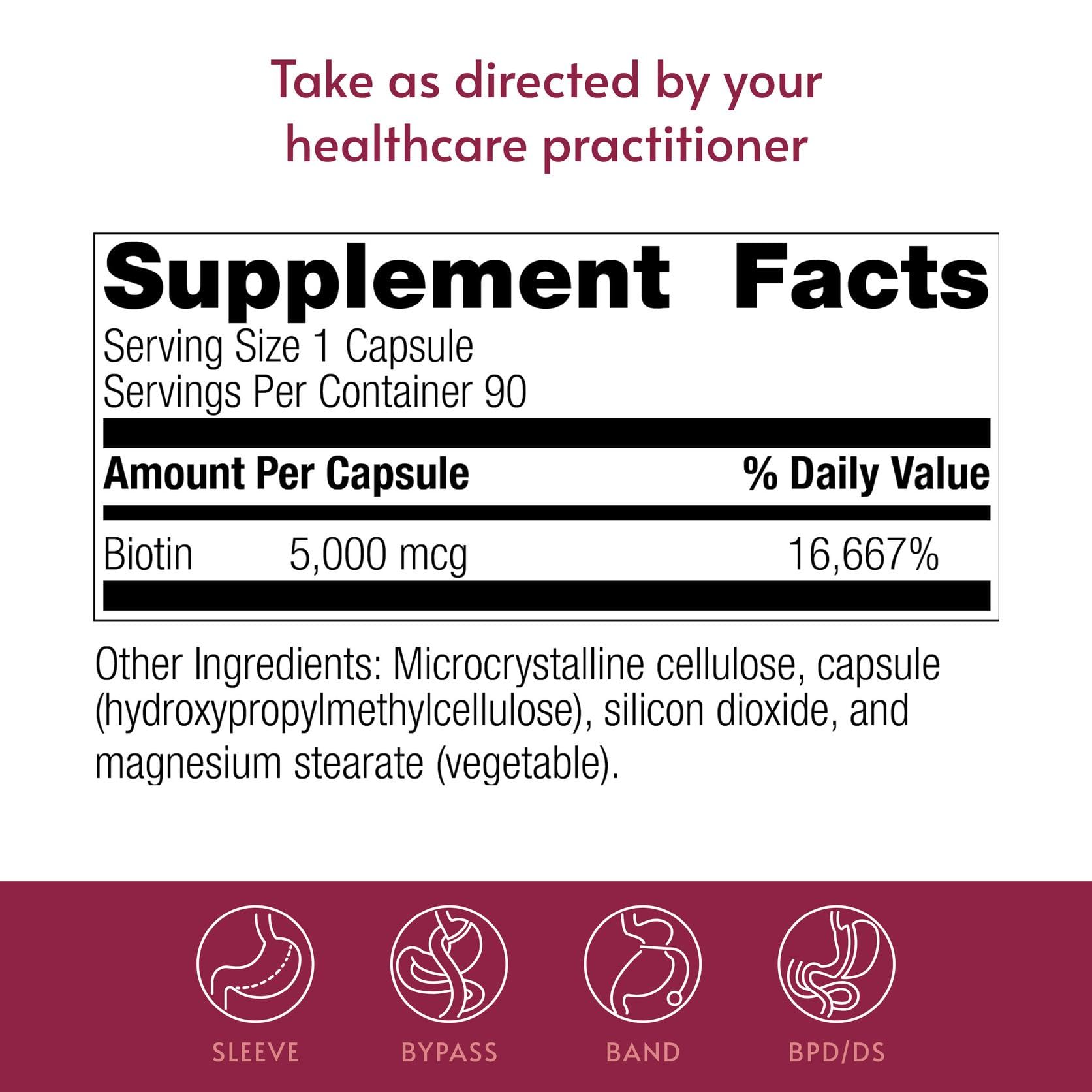 Bariatric Advantage Biotina 5000mcg, toma diaria con alimentos para una rutina estable.