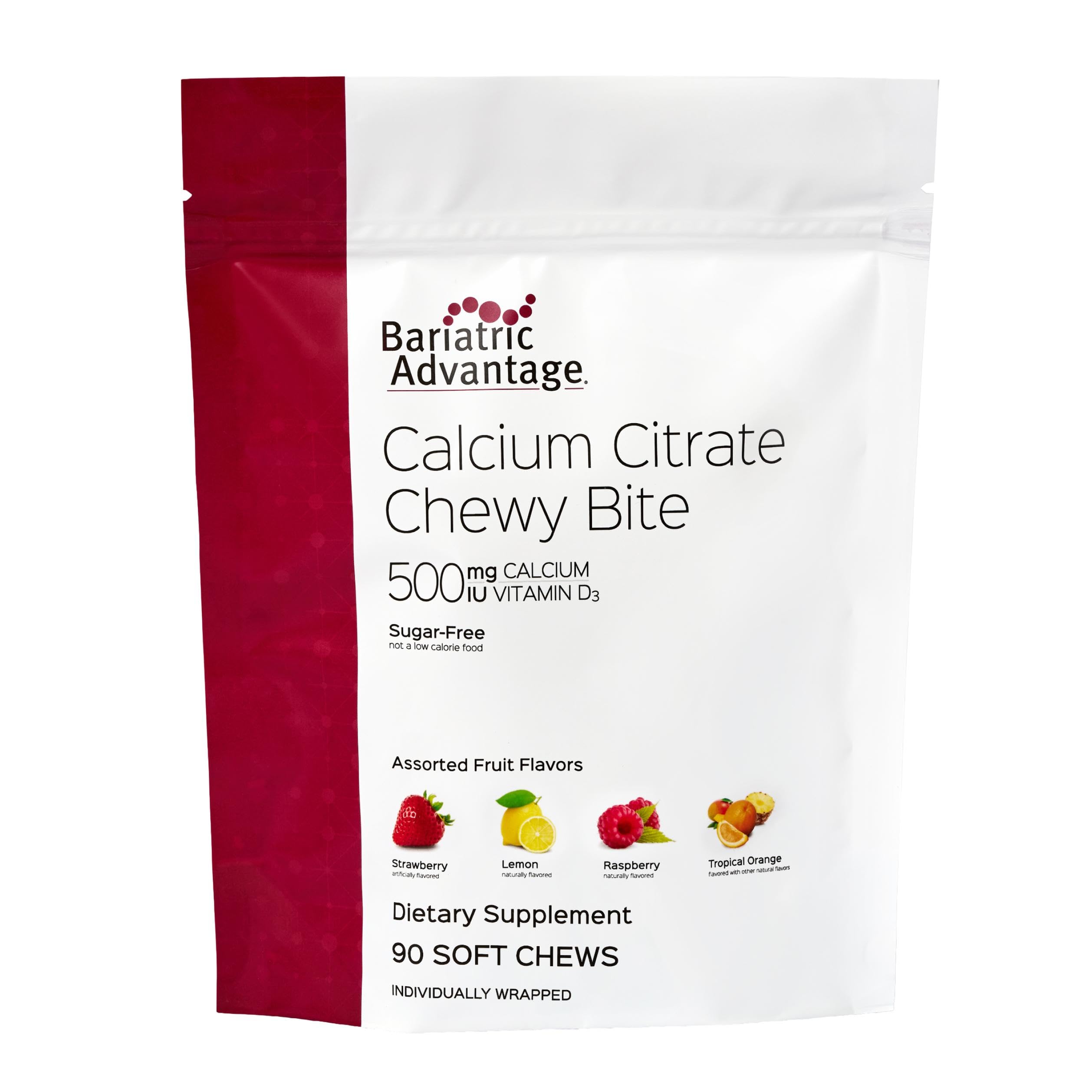 Bariatric Advantage calcio citrato bocaditos masticables sabor fruta para ingesta diaria.