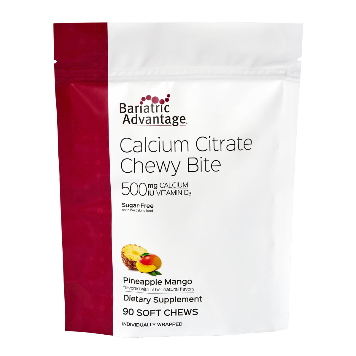 Bariatric Advantage Calcium Citrate Chewy Bites, envase 90, sabor piña mango, práctico para diario.